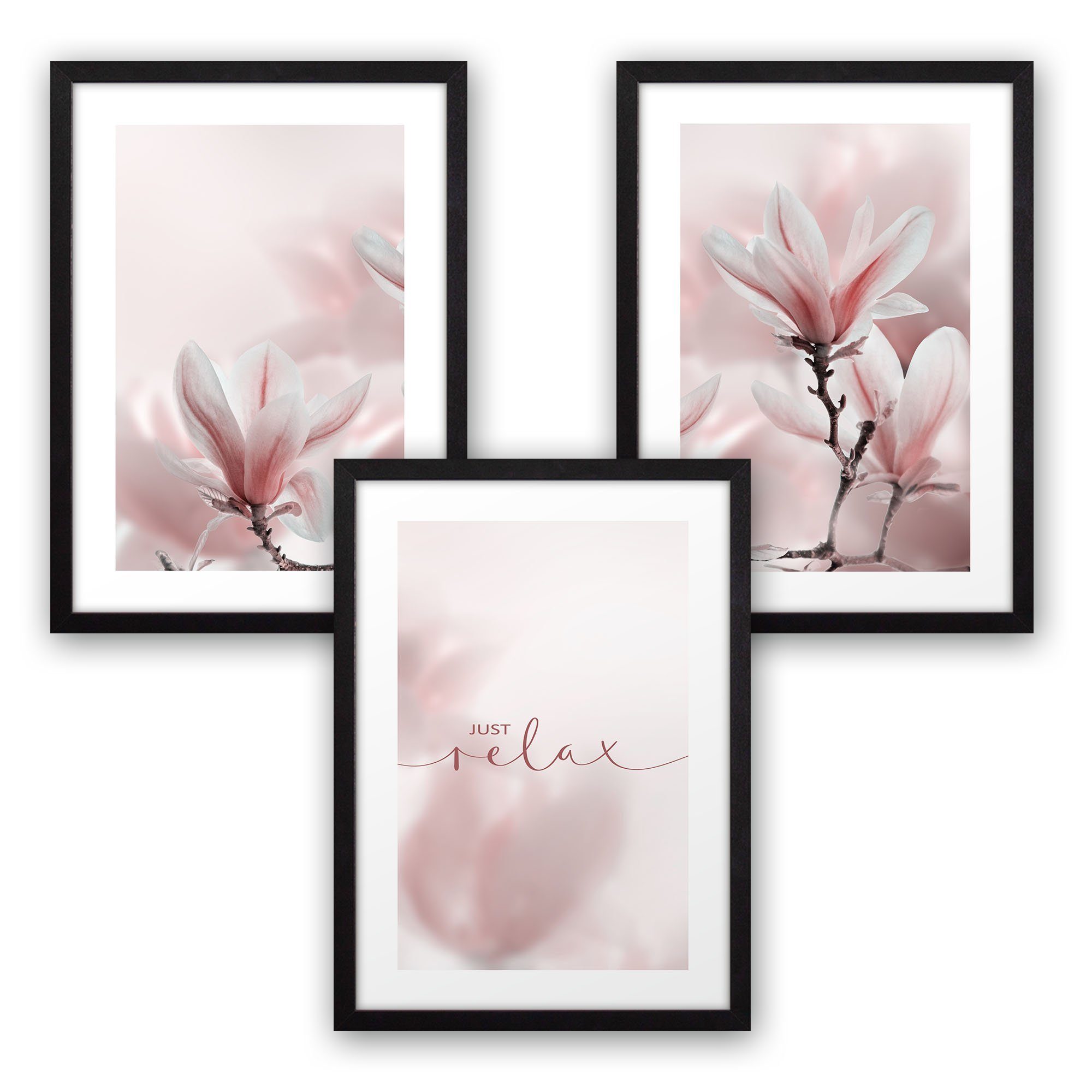 Kreative Feder Poster Premium Set 3-teilig „Magnolie“ optional mit Rahmen, Blumen (Set, 3 St), optional mit Rahmen; wahlweise DIN A4 oder DIN A3 schwarzer Rahmen