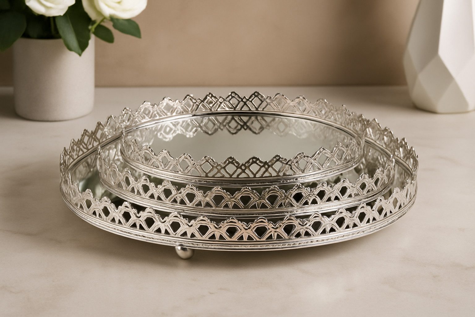 Riyashop Haushaltshobel 3er Set Spiegeltabletts Metall Ø 20-26-29 cm Silber günstig online kaufen