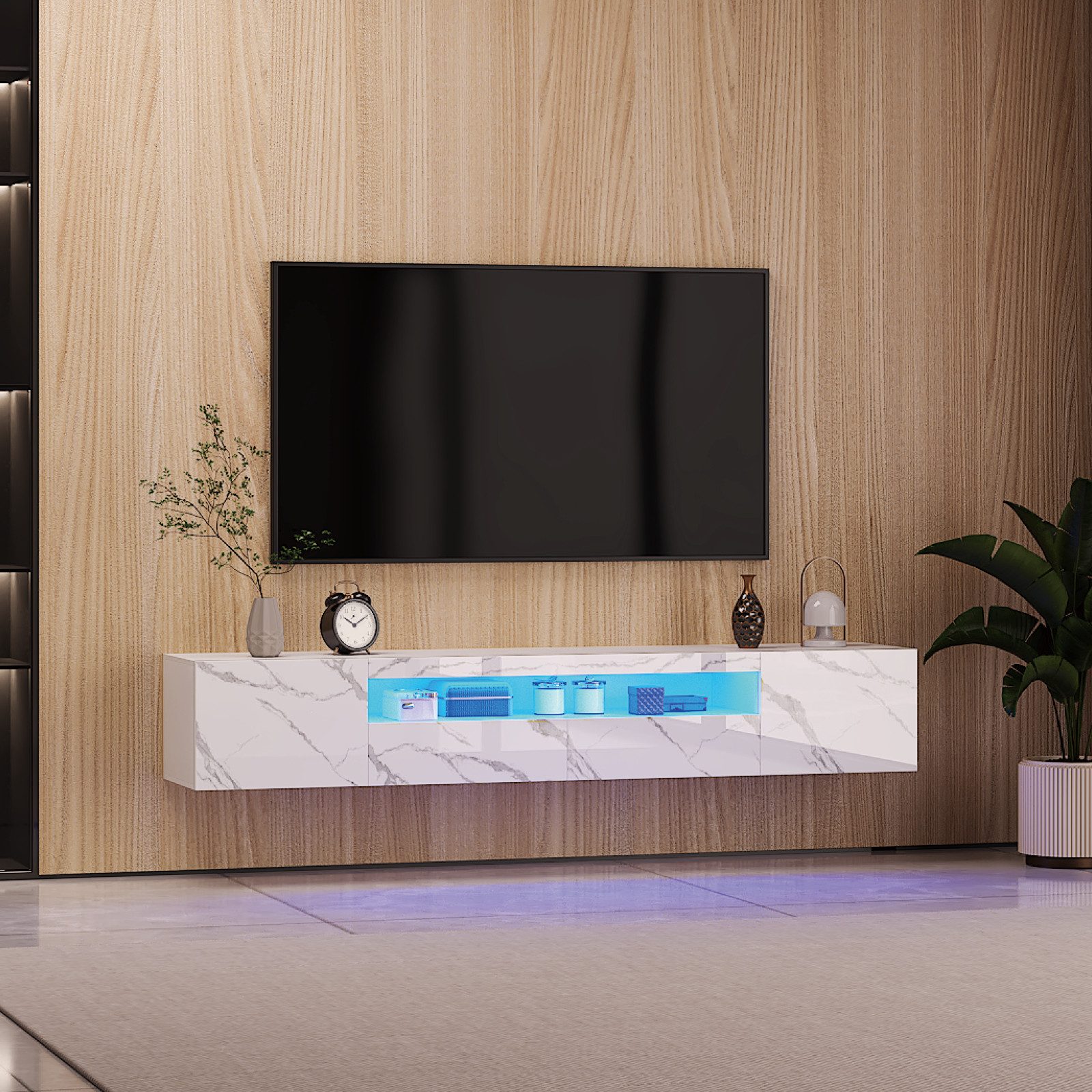 radelldar Lowboard 180cm Hochglanz mit LED-Beleuchtung und Stauraum (1 St), hängender TV-Schrank für Fernseher bis 85 Zoll