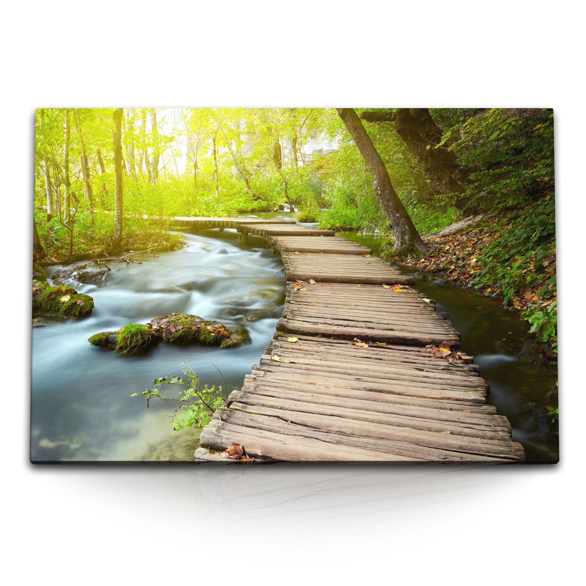 Leinwandbild 120x80cm Wandbild auf Leinwand Holzweg Holzsteg Bach Dschungel Tropisc