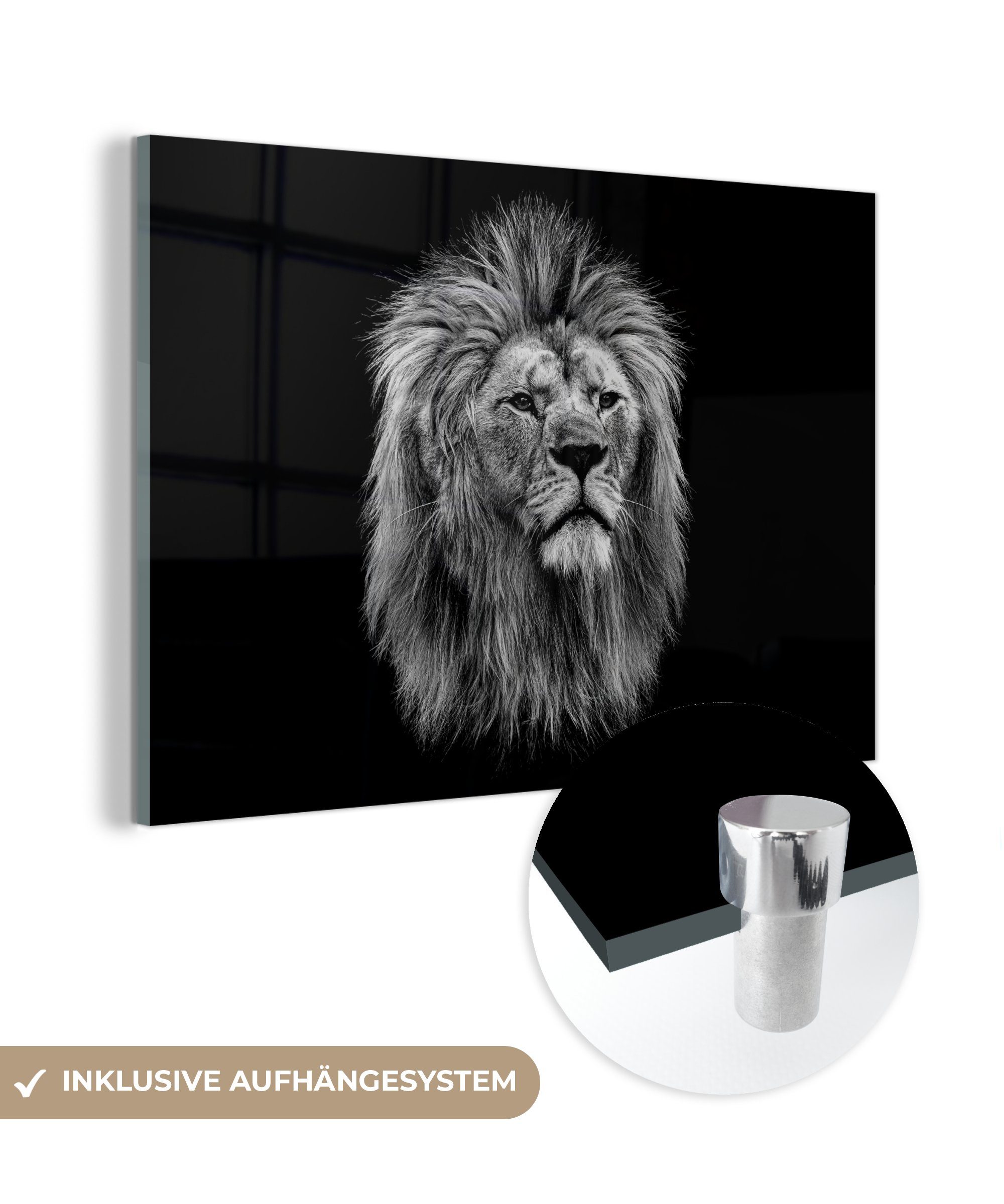 MuchoWow Acrylglasbild Löwe - Profil - Schwarz - Weiß, (1 St), Glasbilder - Bilder auf Glas Wandbild - Foto auf Glas - Wanddekoration