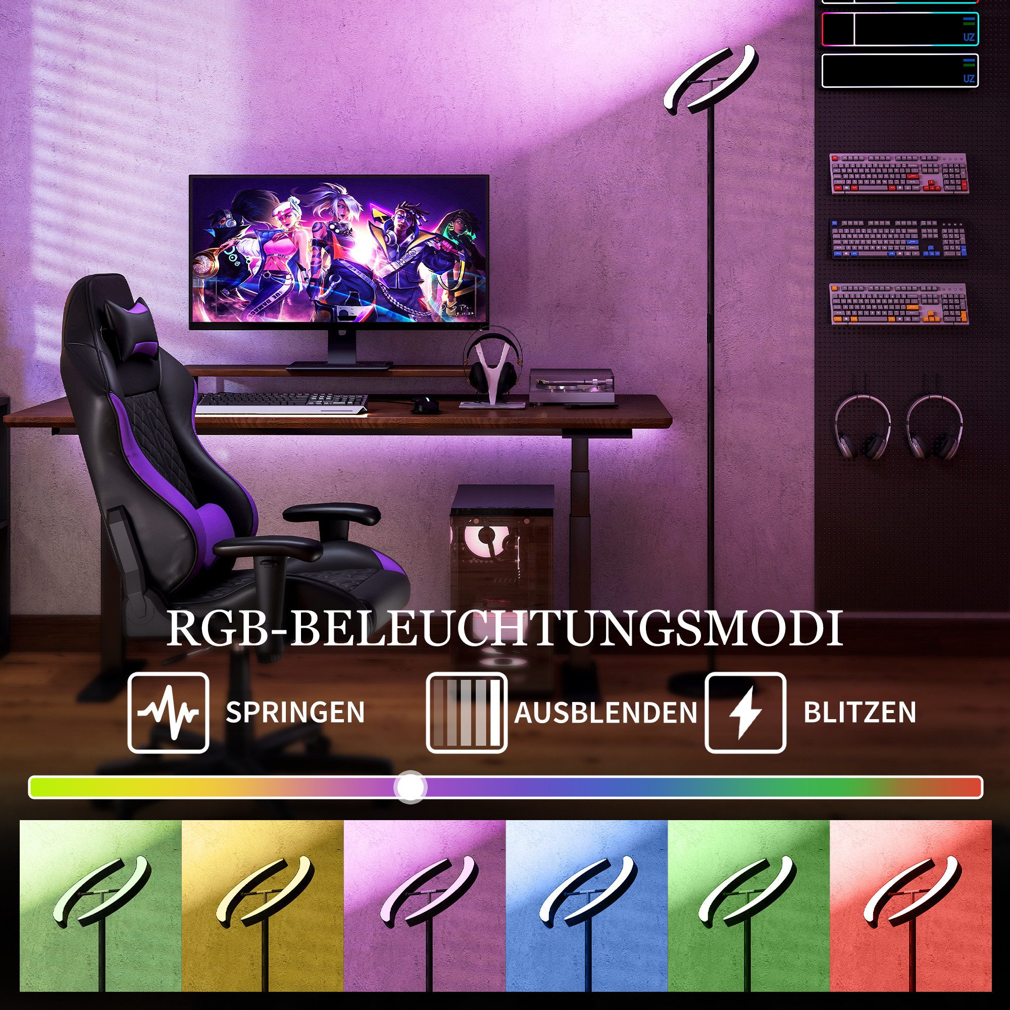 HOMCOM Stehlampe LED Wohnzimmer RGB Stehleuchte Dimmbar 350° drehbarer Doppelkopf, Dimmfunktion, Farbwechsel, Nachtlichtfunktion, LED fest integriert, Farbwechs – Bild 5 von 5
