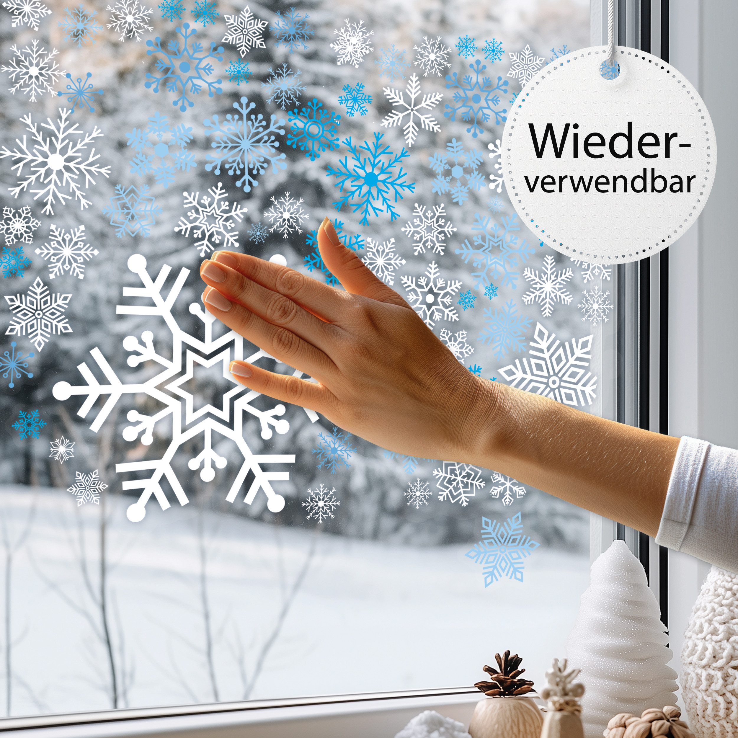 Sunnywall Fensterdekoration Kinderzimmer Fensterbild Winter Schneeflocken, wiederverwendbar, statisch haftend, beidseitiger Druck