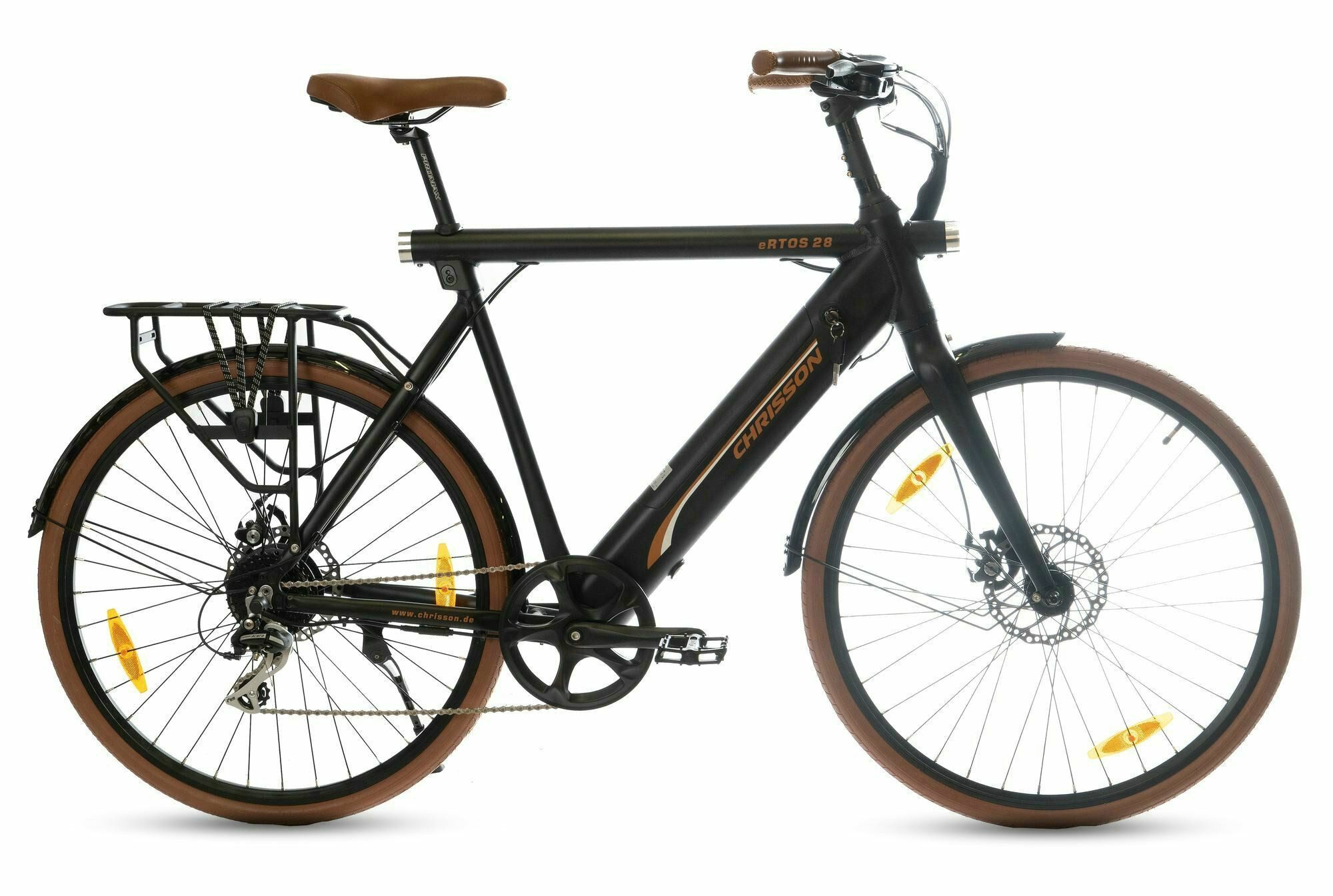 Chrisson E-Bike Touren Bike Ertos28 Black Orange Matt 28" 506 Wh Diamant, 8 Gang Shimano Shimano Acera 11-28T Schaltwerk