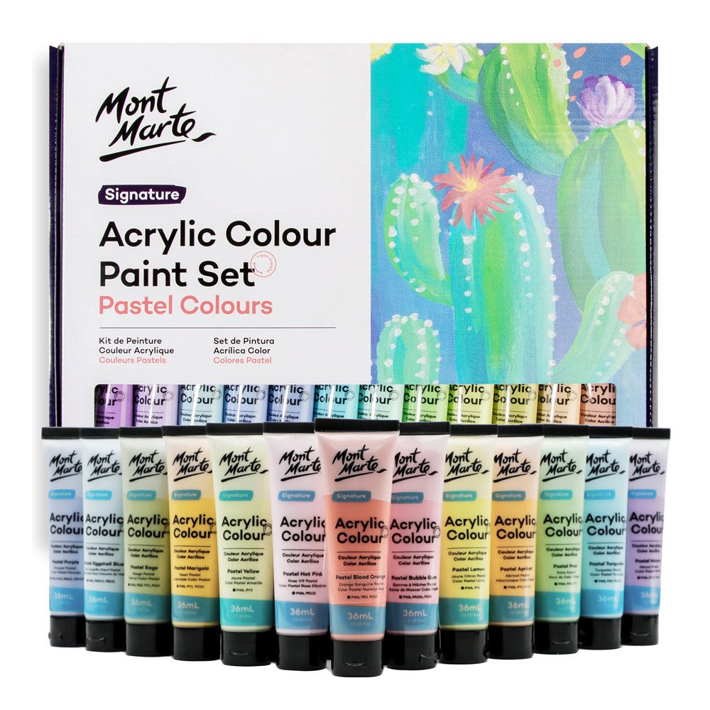 Mont Marte Acrylfarbe Pastell Set 12 / 18 / 24 / 48 x 36 ml –Deckkraft & Seidenmattes Finish, Pastellfarben für Leinwand, Karton, Papier, Ton, Holz, Steine uvm.