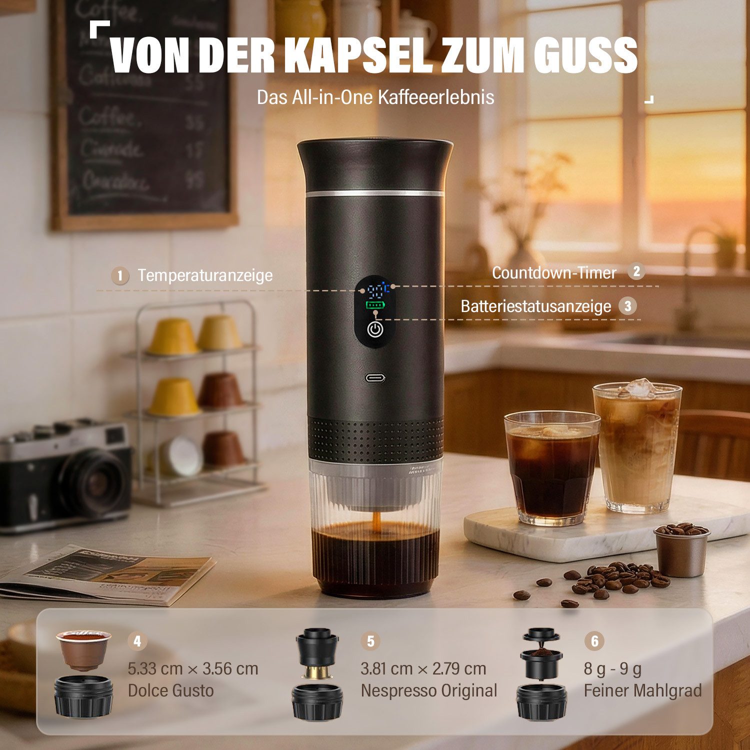 ANYSUN Espressomaschine Tragbare Espressomaschine mit Akku für unterwegs oder Camping, Kaffeemaschine to go, mit elektrischer Selbsterhitzung über USB - C