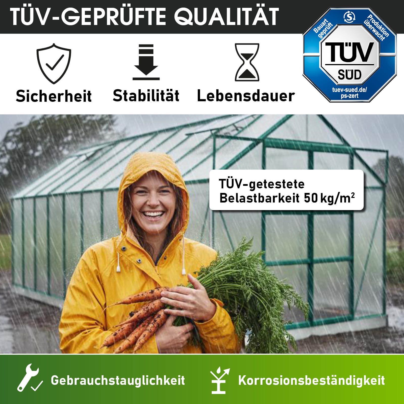 BRAST Gewächshaus ALU mit Fundament rostfrei 490x250x235cm TÜV geprüft, BxTxH: 250 x 490 x 235 cm, wetterfestes hochwertiges Aluminium, Temperaturbeständig, Wärmedämmend, Lichtbrechend & UV-stabilisiert