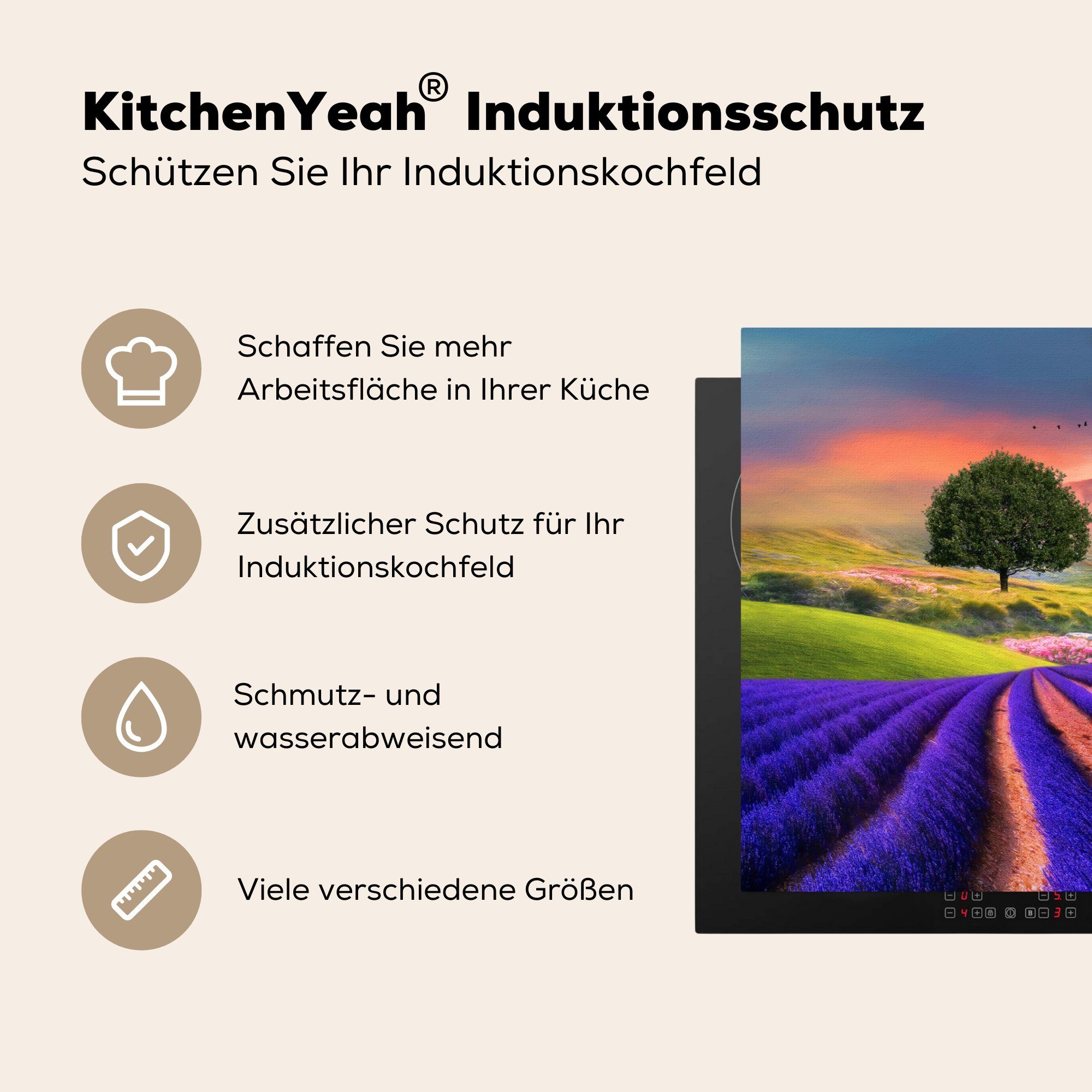 81x52 küche, tlg), Vinyl, Schutz Lavendelfeldes, Herdblende-/Abdeckplatte MuchoWow Gemälde eines cm, Ceranfeldabdeckung (1 für die Induktionskochfeld