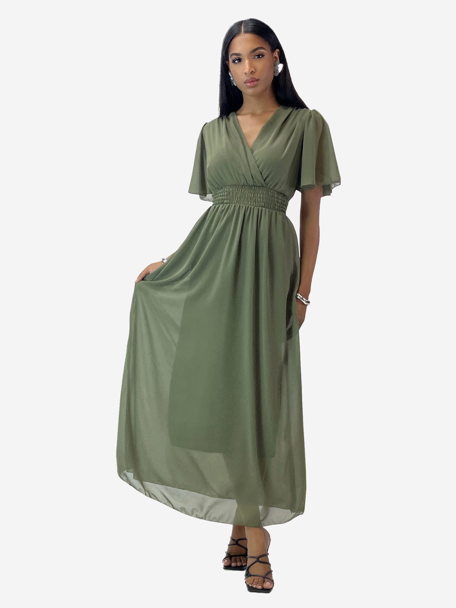 Elara Maxikleid — Damen Sommerkleid mit Wickeloptik, Smoktaille & Flügelärmeln (1-tlg)
