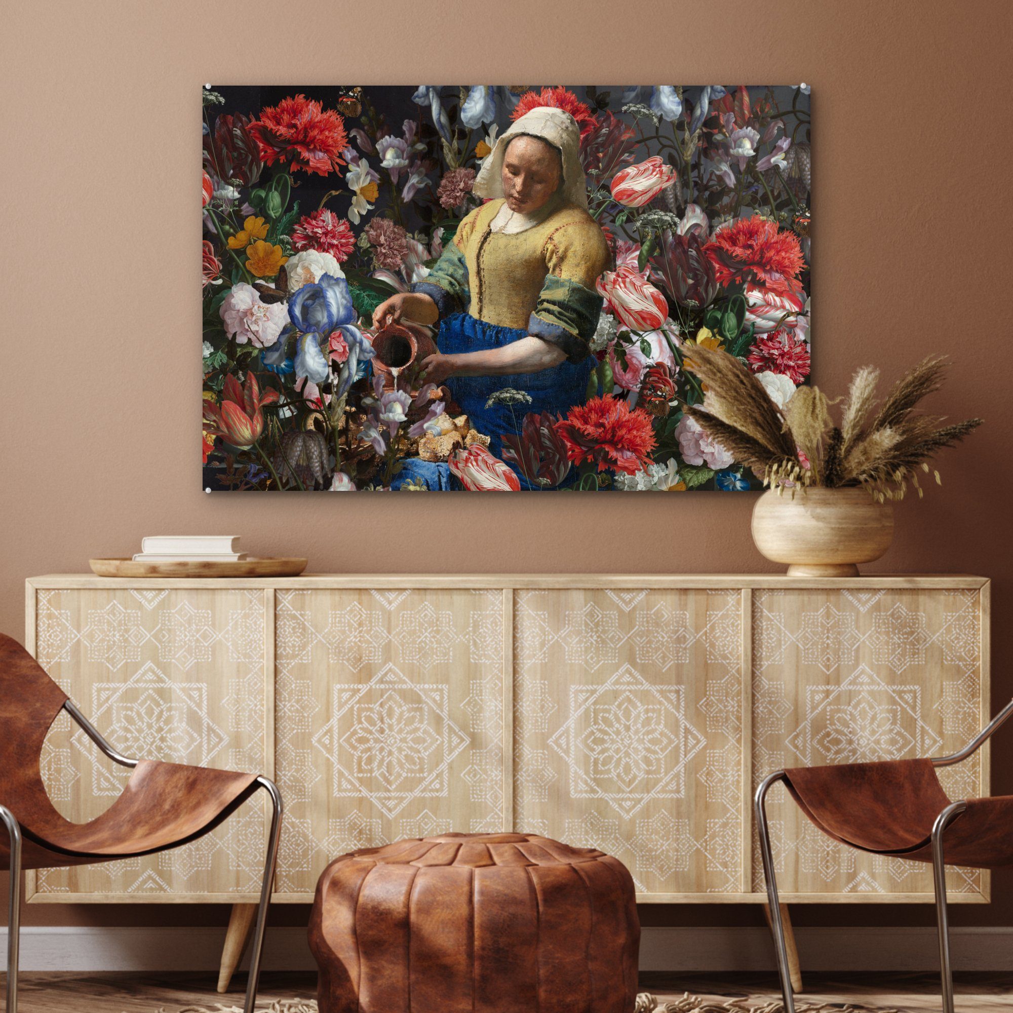 bunt (1 & Johannes Acrylglasbilder Vermeer Farben, - - St), - Acrylglasbild Wohnzimmer Milchmädchen MuchoWow Blumen Schlafzimmer