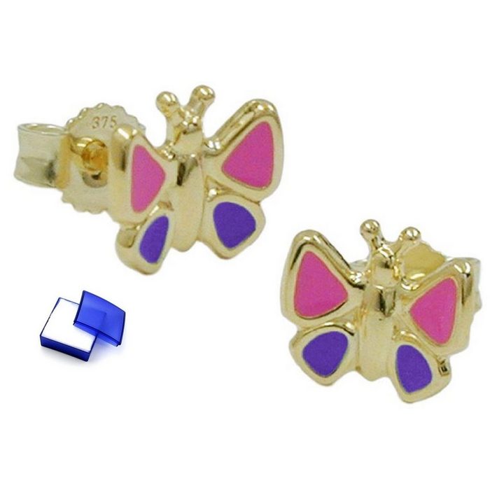unbespielt Paar Ohrstecker Ohrringe Ohrstecker Schmetterling 7 x 8 mm pink lila 9 Karat Gold inkl. Schmuckbox Goldschmuck für Kinder