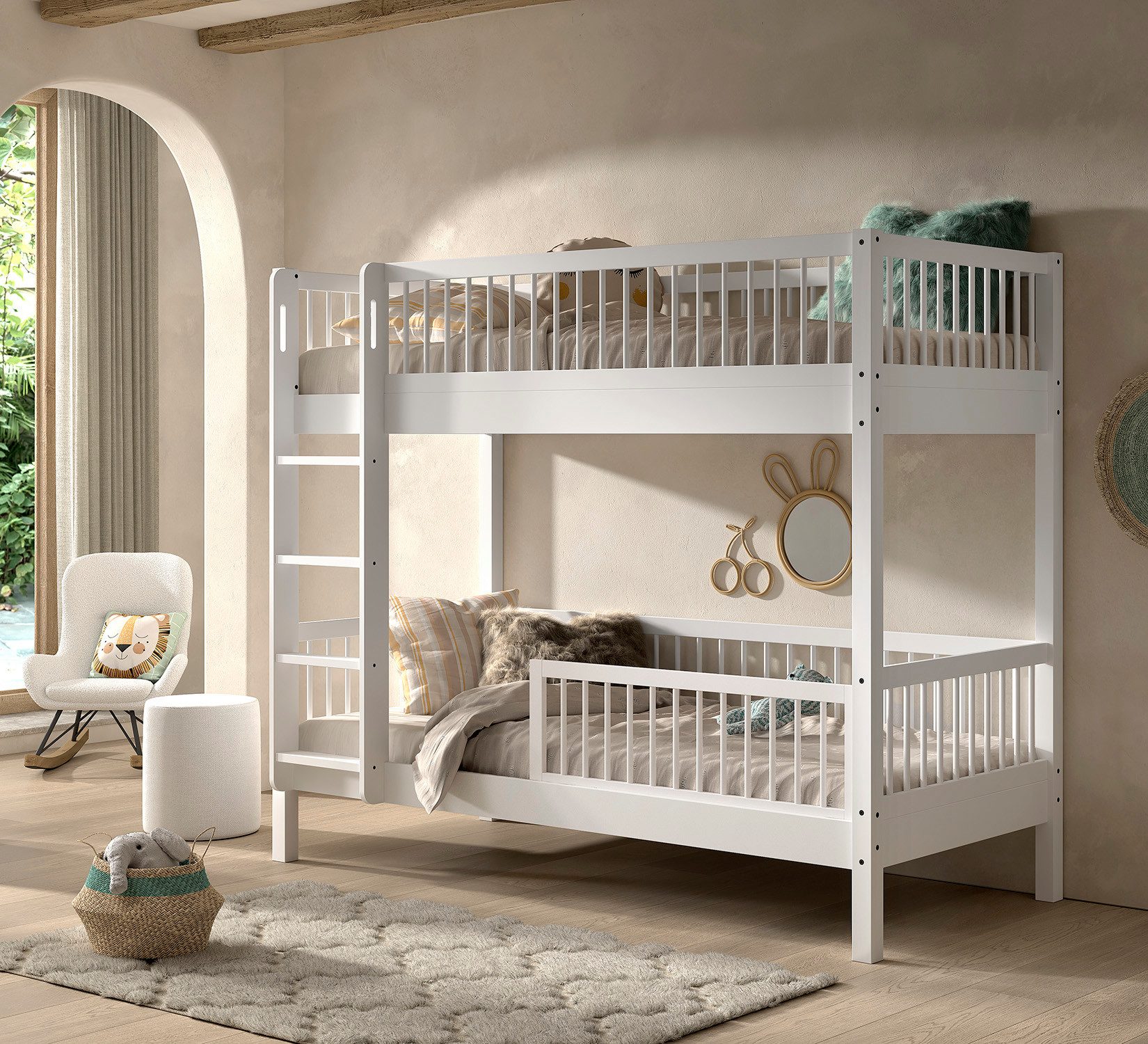 Vipack Etagenbett Buche massiv weiß, Made in Europe, langlebige Qualität (B/H/T ca. 208x176x98cm, Schublade+unterer Rausfallschutz optional), 2 Lattenroste, wahlweise mit oder ohne Bettschublade und Absturzschutz