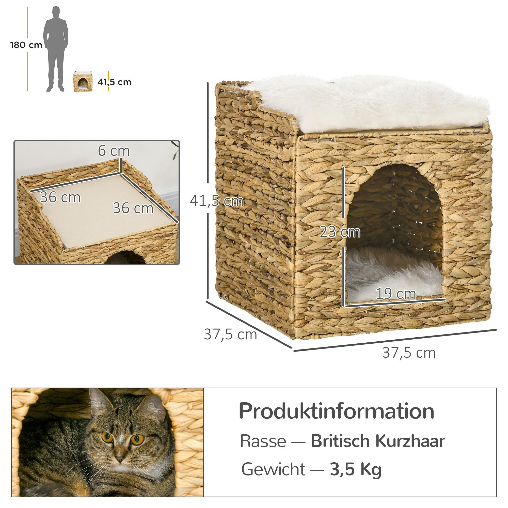 PawHut Tierhaus Katzenhaus mit Kissen, Katzenbett, Wasserhyazinthengras, Braun, 37.5L x 37.5B x 41.5H cm