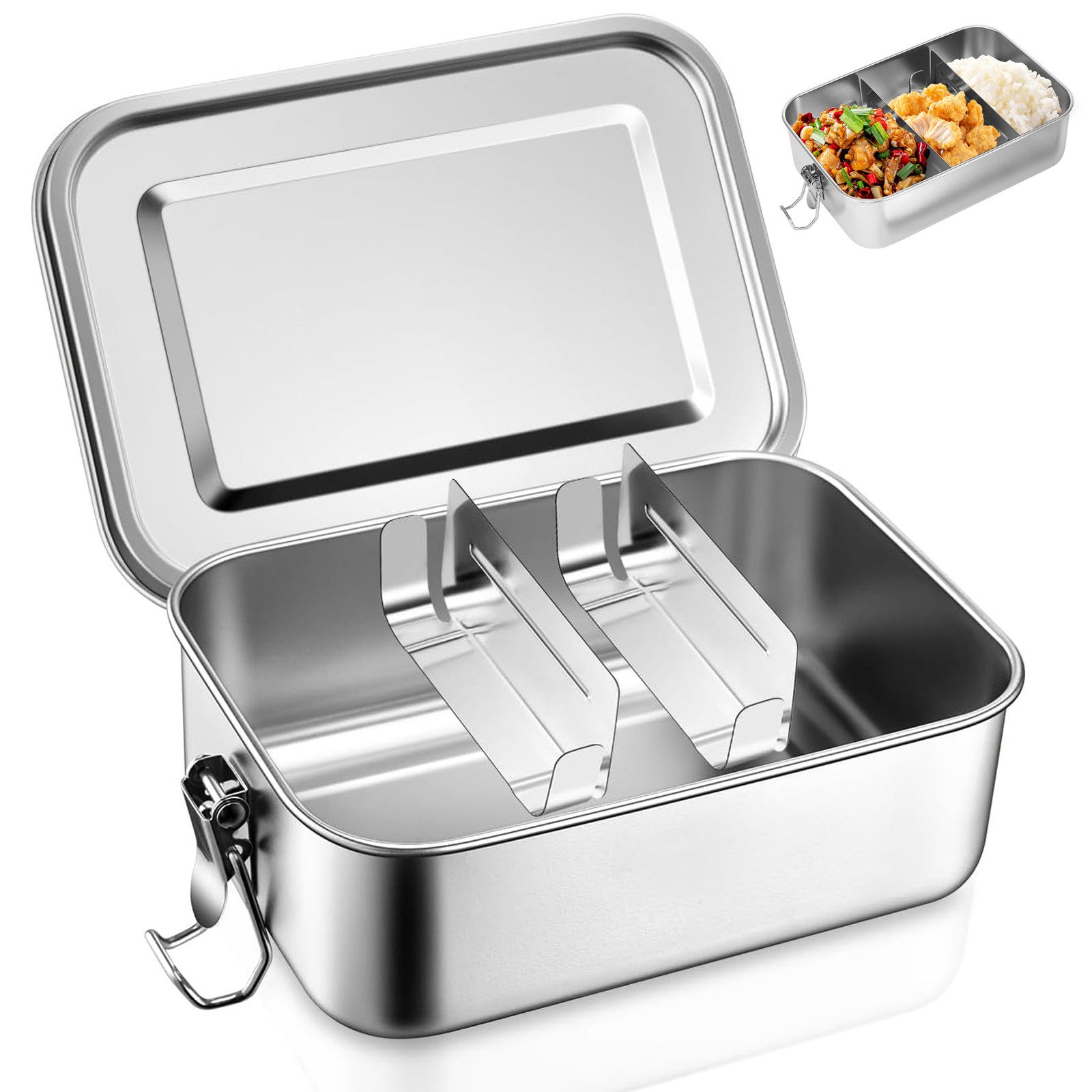 BlingBin Lunchbox 1400ml Edelstahl-Lunchbox, Auslaufsichere Bento-Box mit Abtrennung, Edelstahl, (1er Set, 1-tlg., mit Verschlussclip und 1 herausnehmbaren Fächern), Tragbarer Vorratsbehälter für Lebensmittel, Auslaufsicher Robust