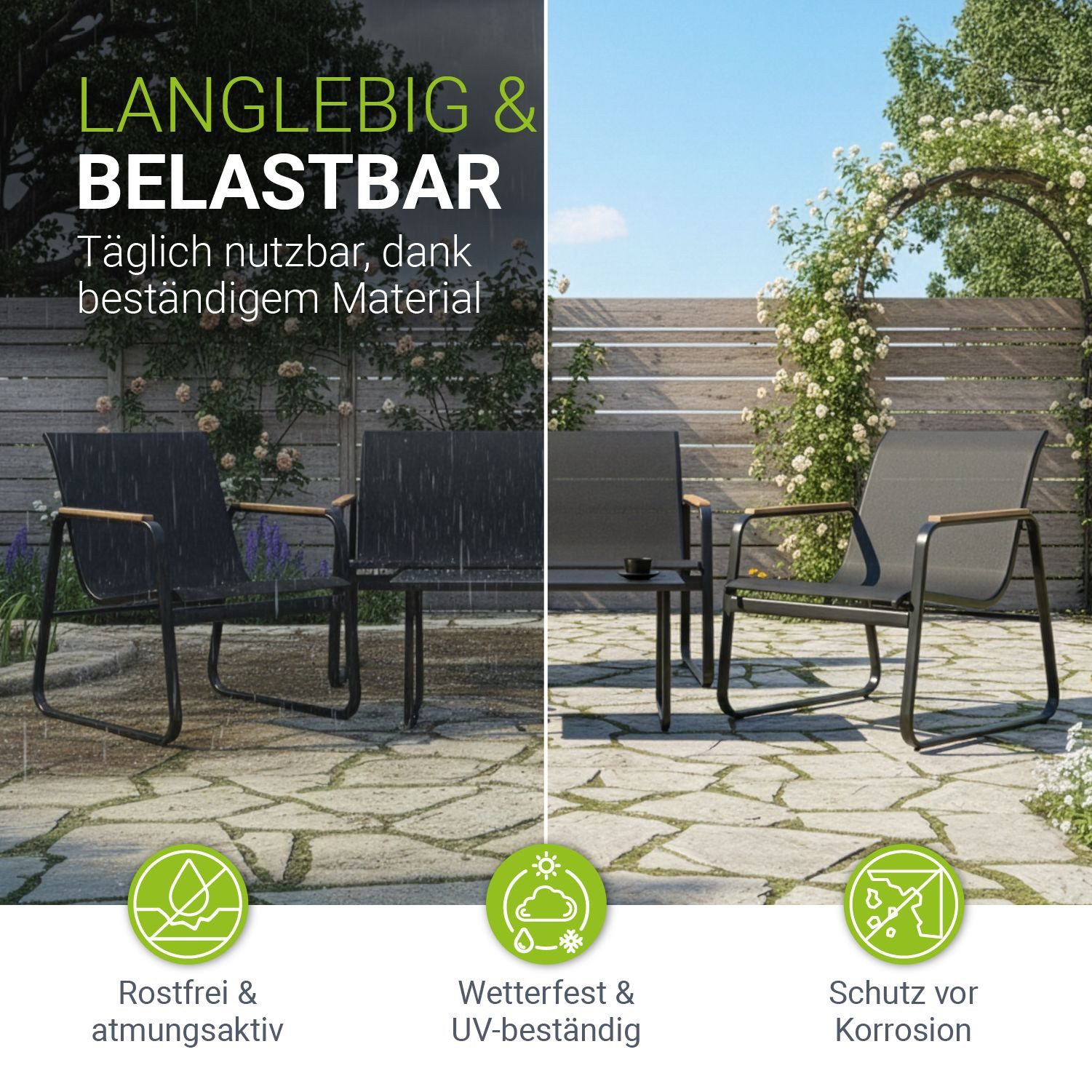 Juskys Gartenlounge-Set Genua, (4-tlg), 4-teilig, UV-beständig, Metallgestell, Tisch mit Glasplatte