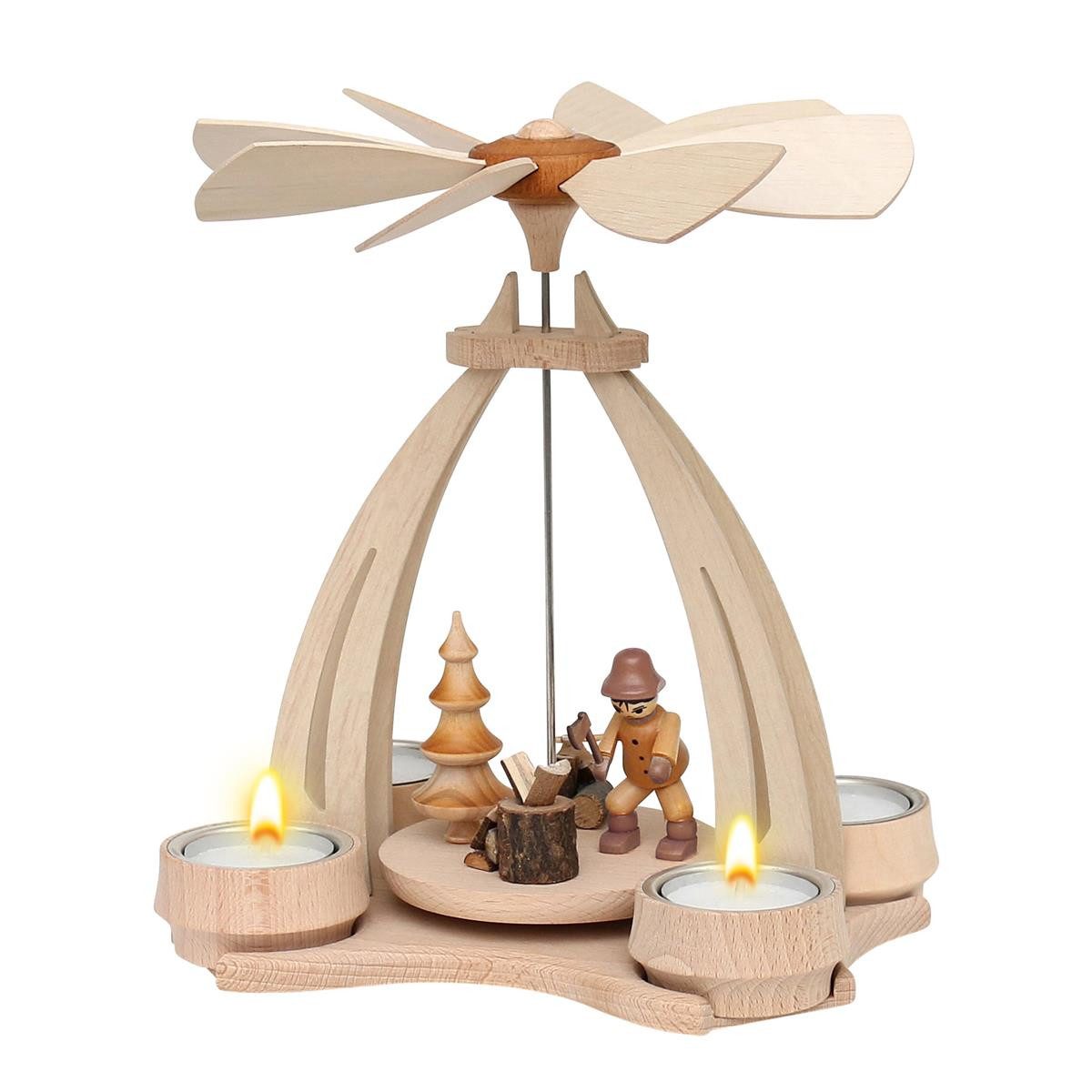 Dekohelden24 Weihnachtspyramide Pyramide aus Buchenholz Waldarbeiter mit Beil und Hackklotz, ca. 24 cm