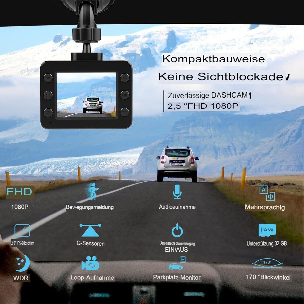Vivitar FHD 1080P DASHCAM, 2,5-Zoll-IPS-Bildschirm mit 32 GB SD-Karte Dashcam (12MP 170Grad Weitwinkelobjektiv in Full HD 1920x1080, Powerline, WDR, Loop-Aufnahme, Parkmonitor, G-Sensor, Bewegungserkennung)