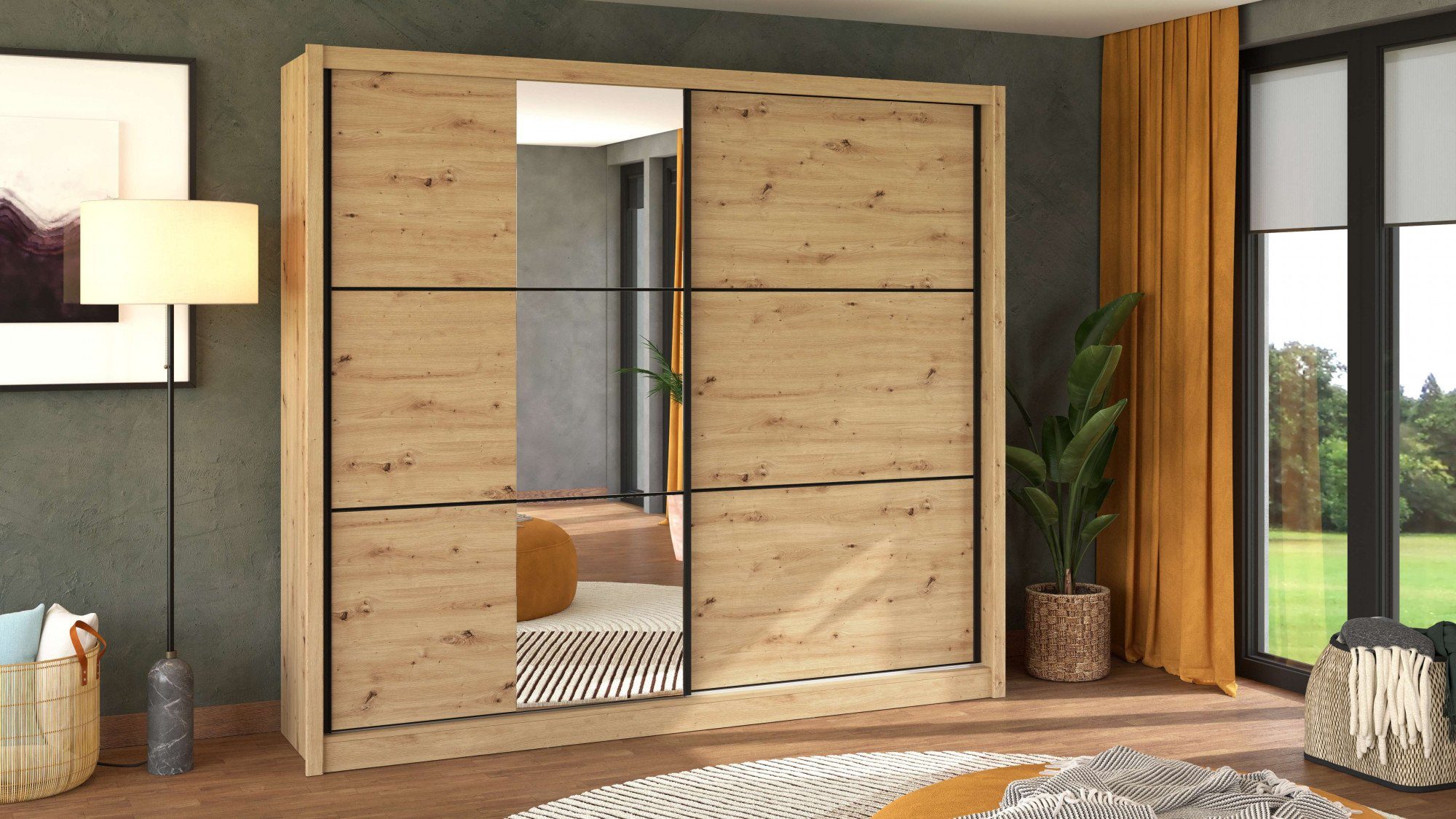 Home affaire Schwebetürenschrank Navara Kleiderschrank mit Spiegel, 11 Fächern und 1 Kleiderstange (B/T/H: 242,5/61/215,5cm) mit einem …