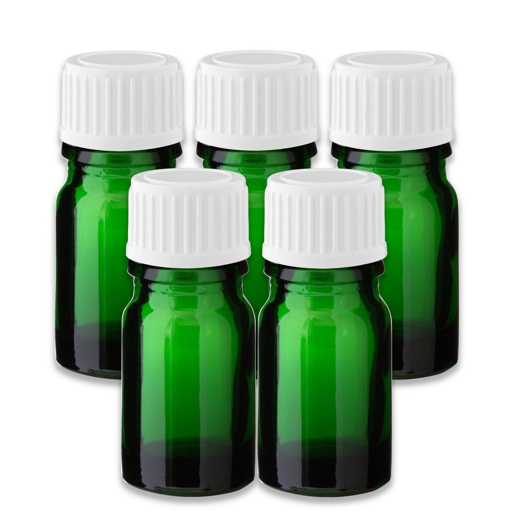 CK Verpackung GmbH Leerglas 5x Grüne Glasflasche 5 ml mit weißem PP-Schraubverschluss Kappe Leer (Set x5)