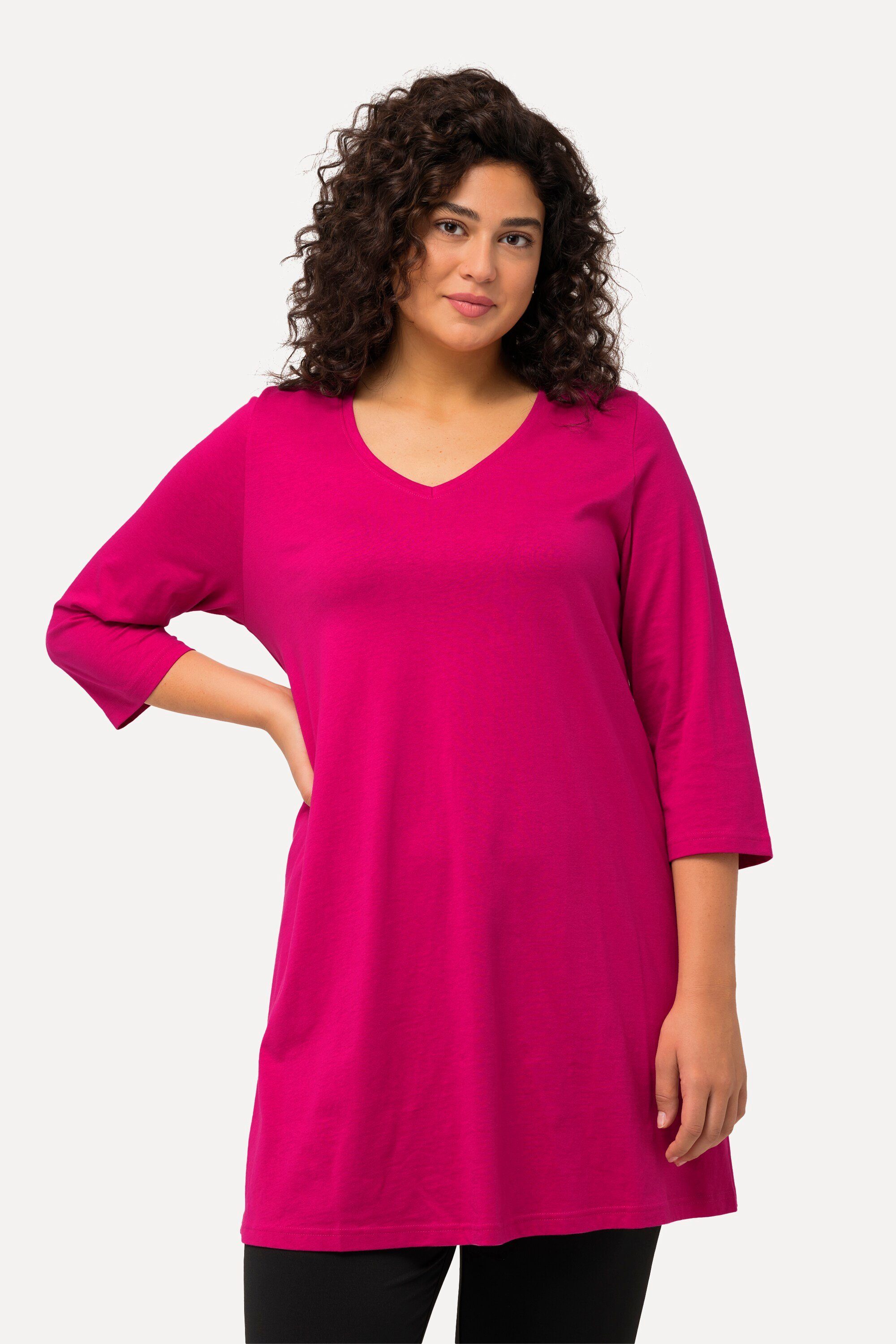 V-Ausschnitt A-Linie fuchsia pink Longshirt Ulla Popken Longshirt 3/4-Arm
