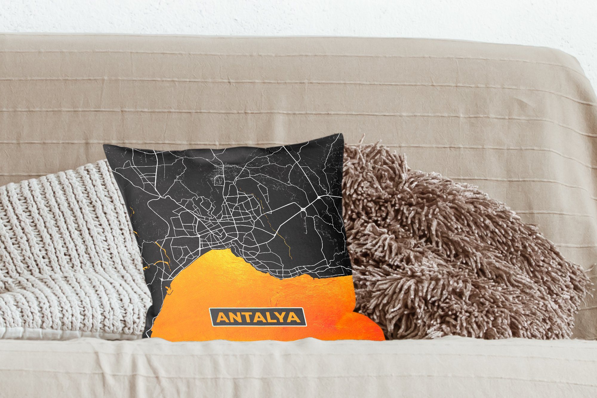 Dekokissen Antalya Füllung - Schlafzimmer, Wohzimmer, Karte Sofakissen Stadtplan, mit Gold Zierkissen Deko, MuchoWow für - -