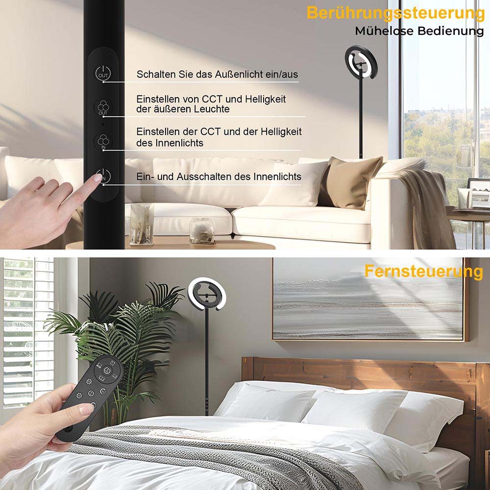 Jibenhome LED Stehlampe Moderne LED Stehleuchte 36W Dimmbar mit Fernbedienung,192cm, mit 2 312° drehbaren Leuchtringen & Fernbedienung