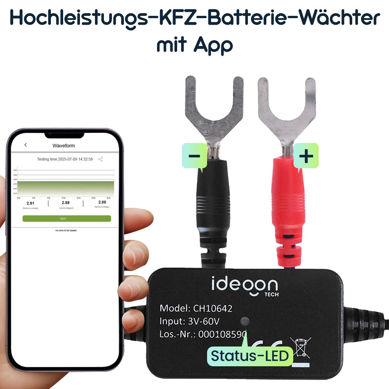 shop'n smile ideoon Batterietester App-KFZ-Batteriewächter 6V-12V Monitor & Tiefentladeschutz IPX7, 3mA/App-Überwachung/wasserdicht nach IPX7/