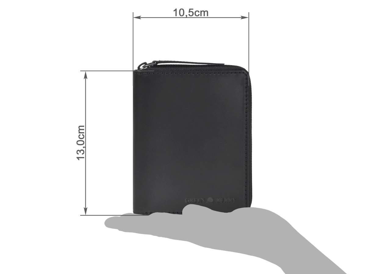 Greenburry Geldbörse "Pure Black" Leder, Portemonnaie, Reißverschluss, 9 Kartenfächer, RFID, Damen Herren