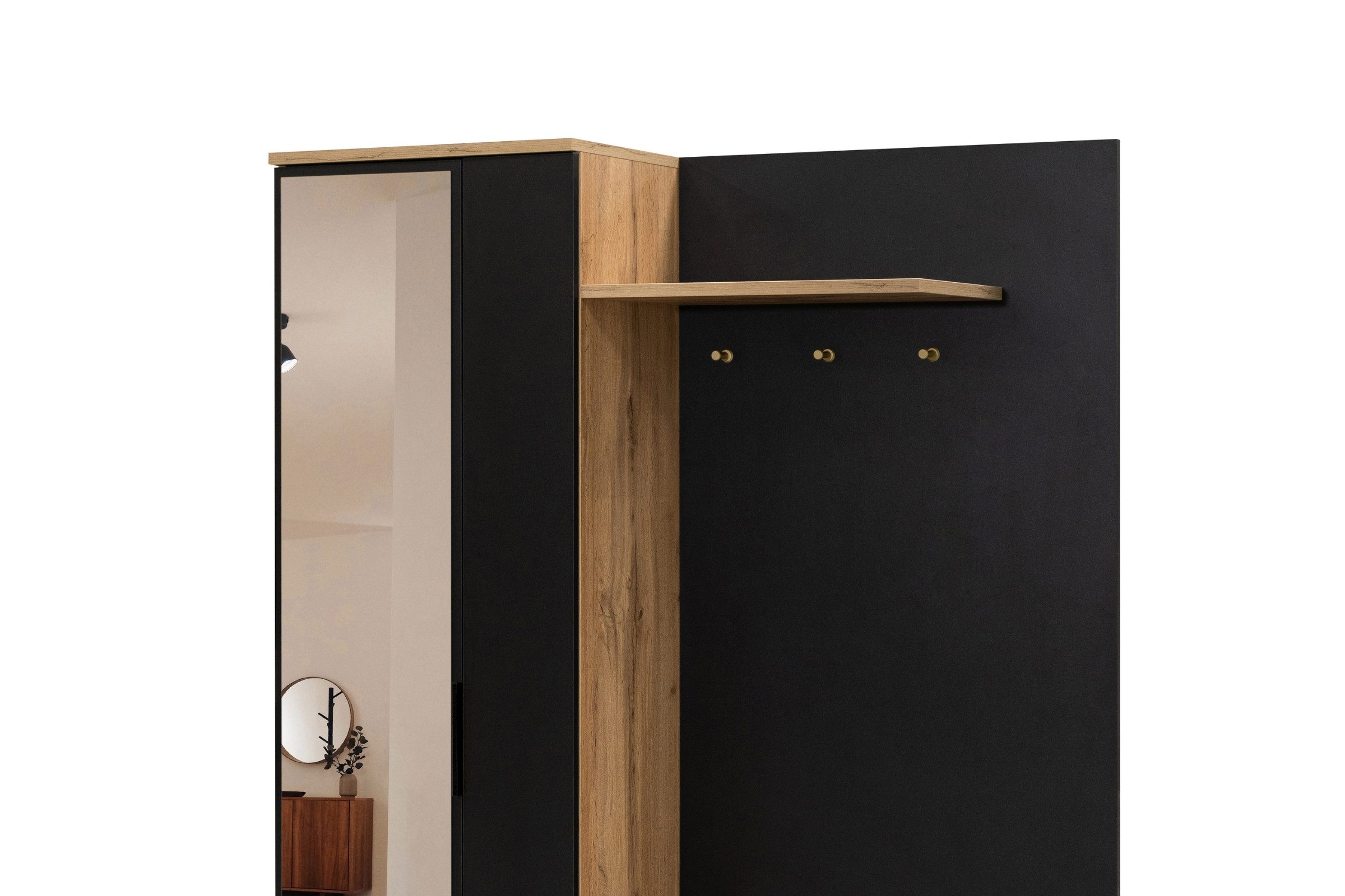 Deine Möbel 24 Garderobenschrank MILANO Garderobe Flurgarderobe Garderoben-Set mit Spiegel (2-St., Eiche Wotan + Schwarz / ganz Weiß matt)