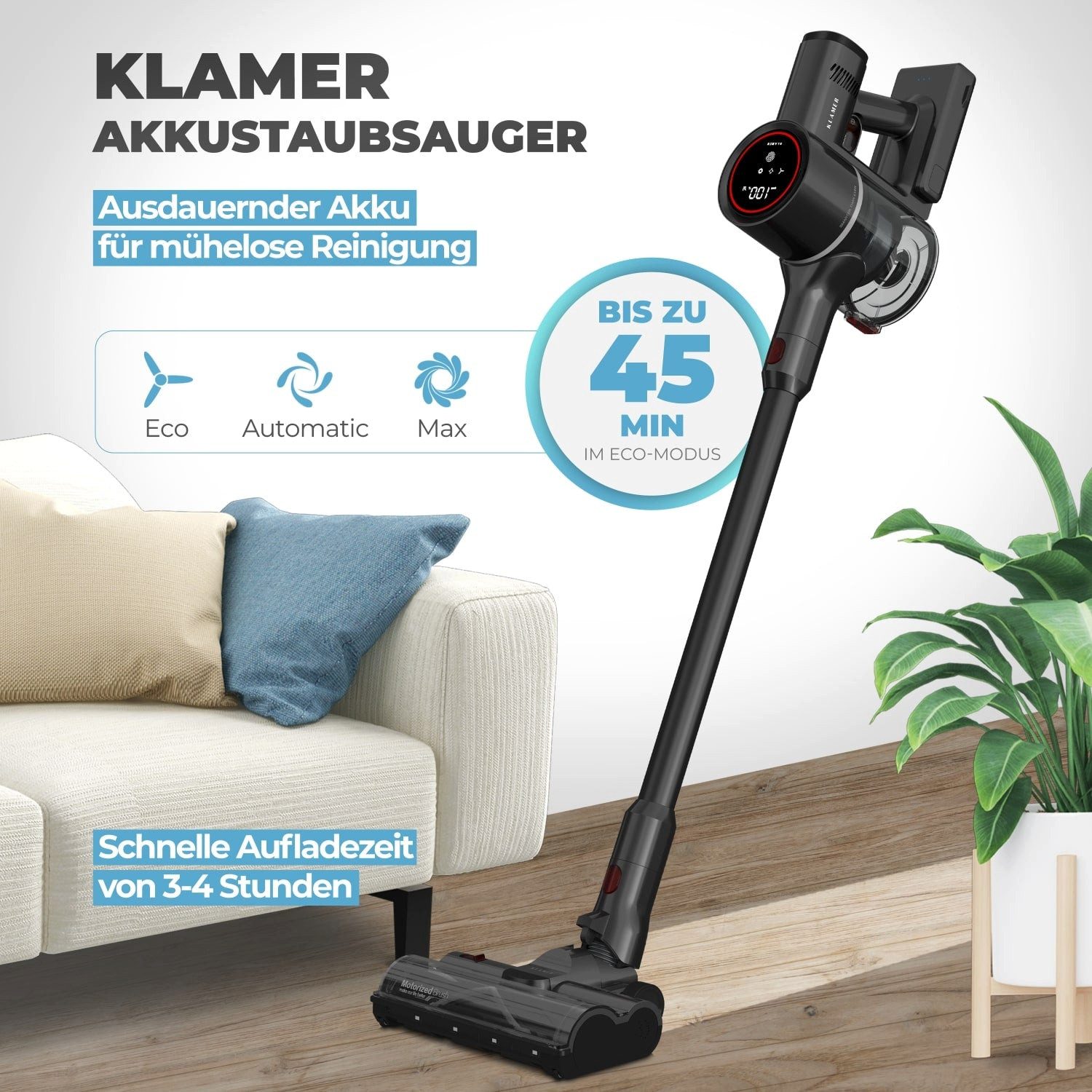 KLAMER Akku-Hand-und Stielstaubsauger 500 Watt Kabelloser Staubsauger, Flexibler Akku Handstaubsauger mit v…, 500 W, beutellos, 25,9V Akku, LED Display & Frontlicht, Leichte Steuerung, 3 Aufsätze