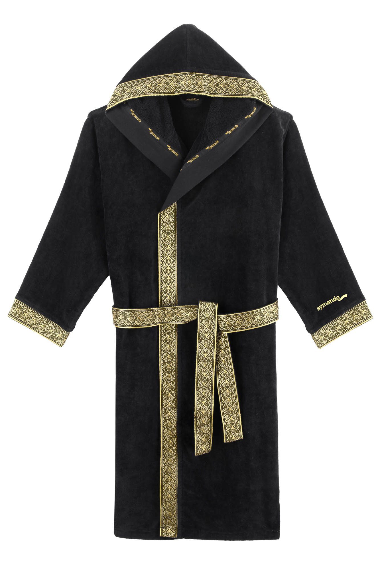 Aymando Bademantel Schwarz, 100% Baumwolle, Kapuze, Bindegürtel, Geschenkve günstig online kaufen