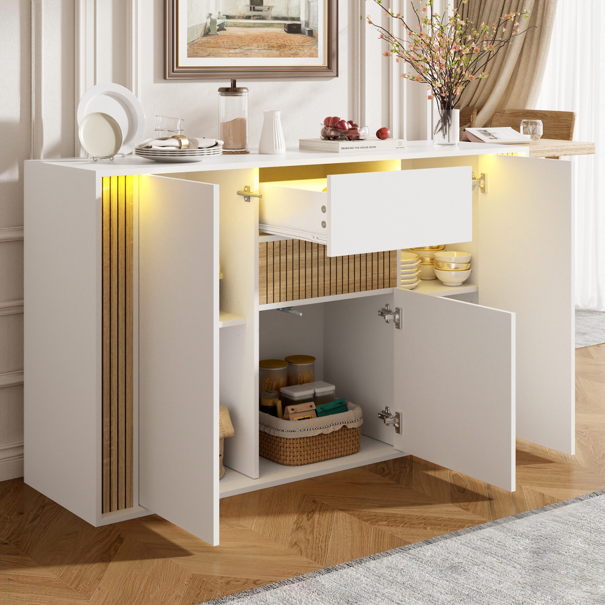 Flieks Kommode mit verstellbarer LED-Beleuchtung, 1 Schublade und 3 Türen (140×40×82 cm, 1 St), Sideboard Mehrzweckschrank Multifunktionsschrank Holzoptik&Weiß
