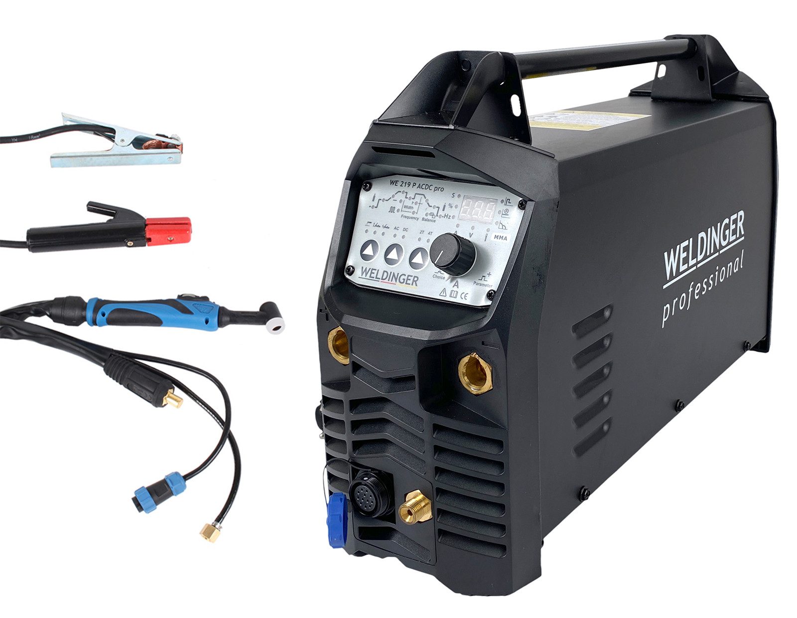 WELDINGER Schutzgasschweißgerät WIG-Schweißinverter WE 219P AC/DC professional HF, Puls für Aluminium, 10 - 200 A, 6-tlg., regelbares WIG-Schlauchpaket