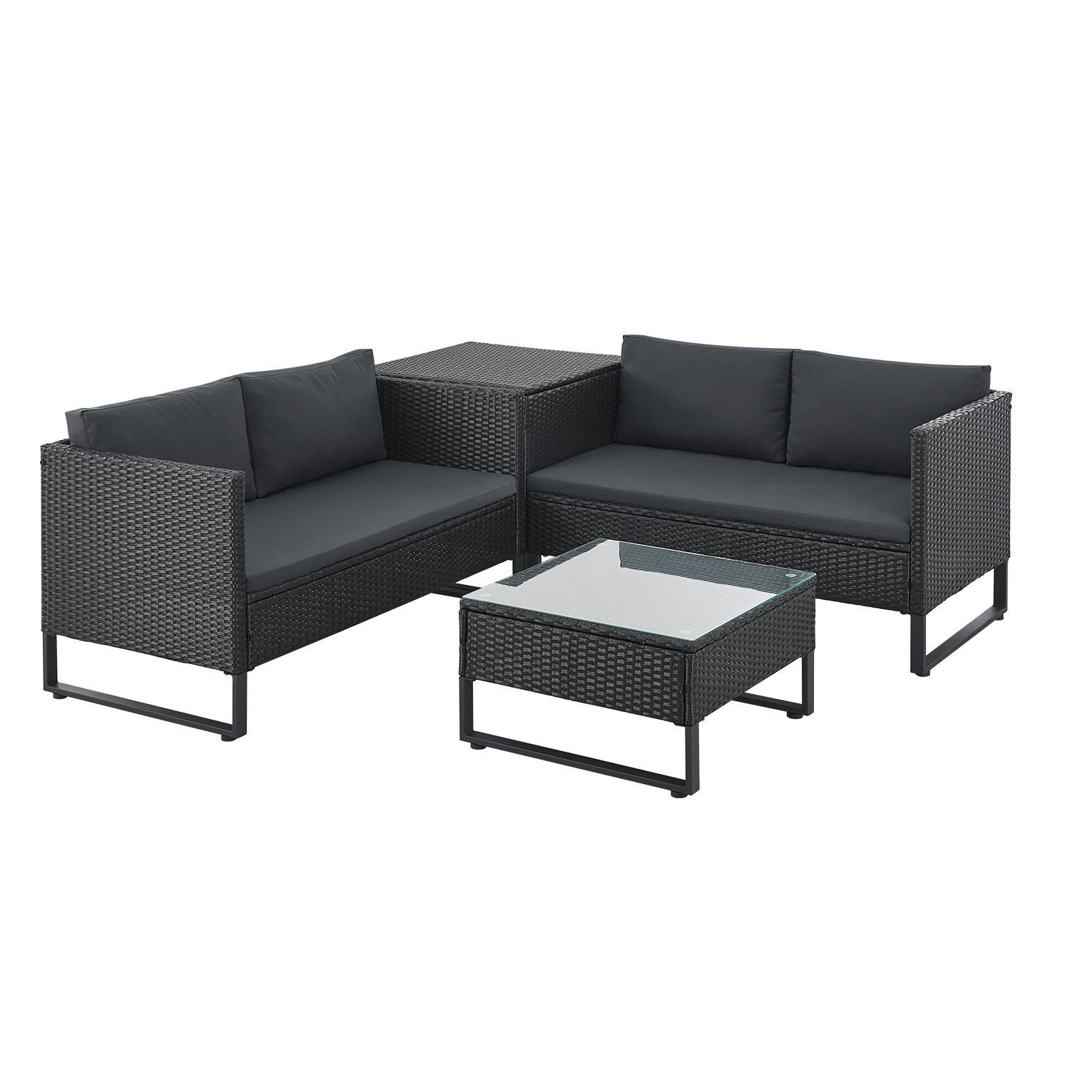 Juskys Gartenlounge-Set Santorini, (4-tlg), Polyrattan Sitzgruppe mit Beistelltisch & Auflagenbox, wetterfest