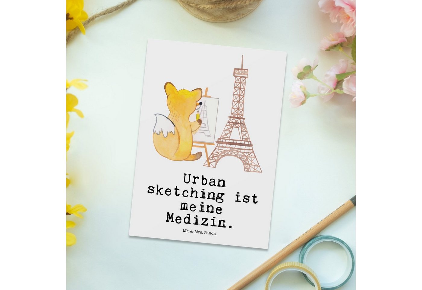 Thumbnail - Mr. & Mrs. Panda Postkarte Fuchs Urban sketching - Weiß - Geschenk, Zeichenschule, Einladungskar, Lustige Sprüche