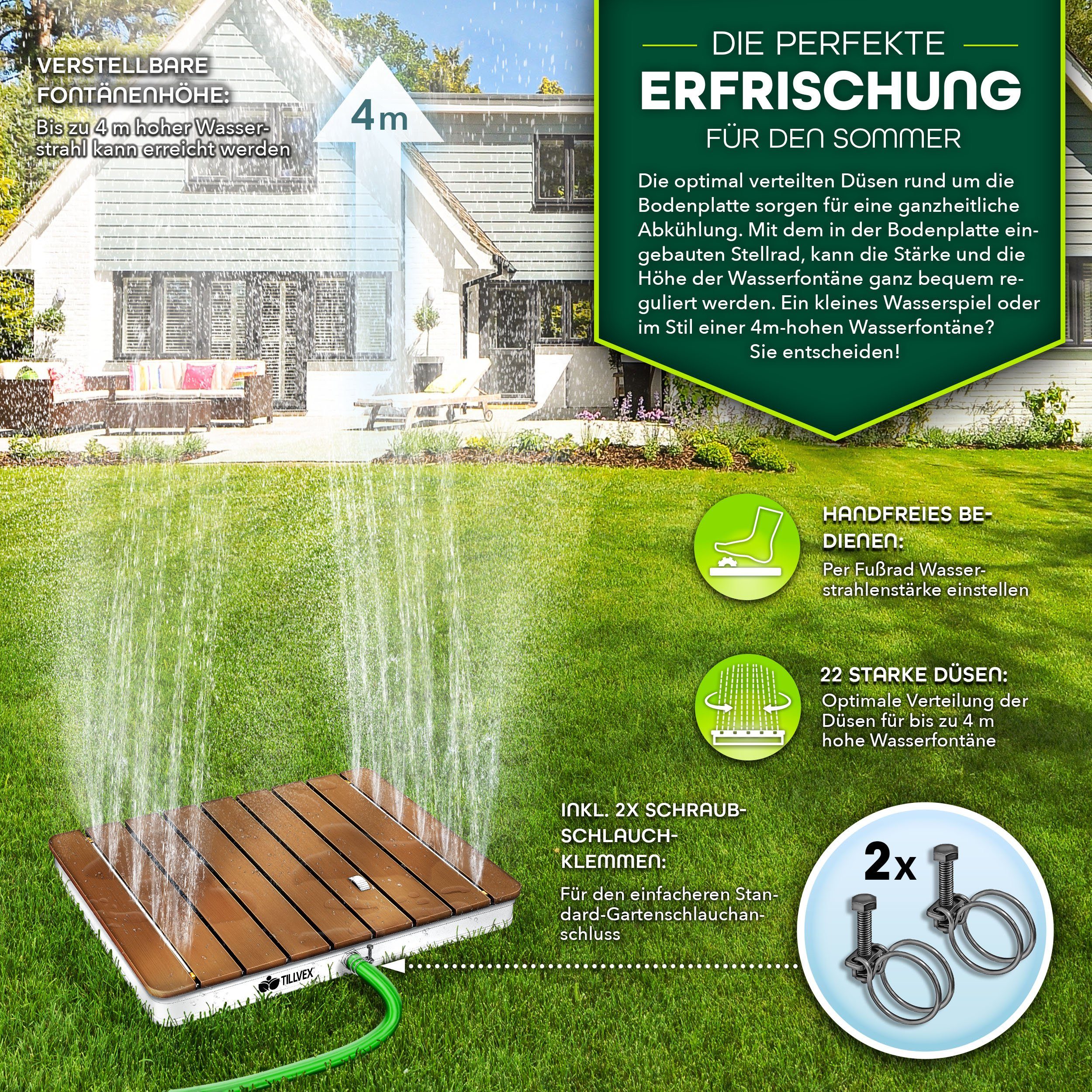tillvex Gartendusche Outdoor bis 4 m Fontänenhöhe Bodendusche (Campingdusche aus Aluminium/WPC/Holzoptik), mit Fußrad Außendusche rutschfest Saunadusche wetterfest