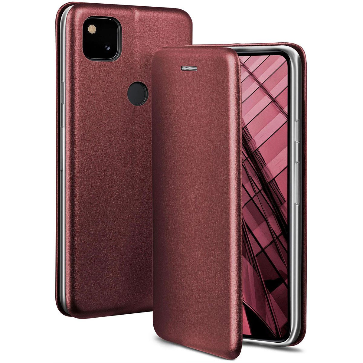 ONEFLOW Handyhülle für Google Pixel 5 Premium Hülle Business Cover Rot 6 Zoll, 360 Grad Schutzhülle Flip Case Etui Klapphülle Dünn Leder Handy Tasche