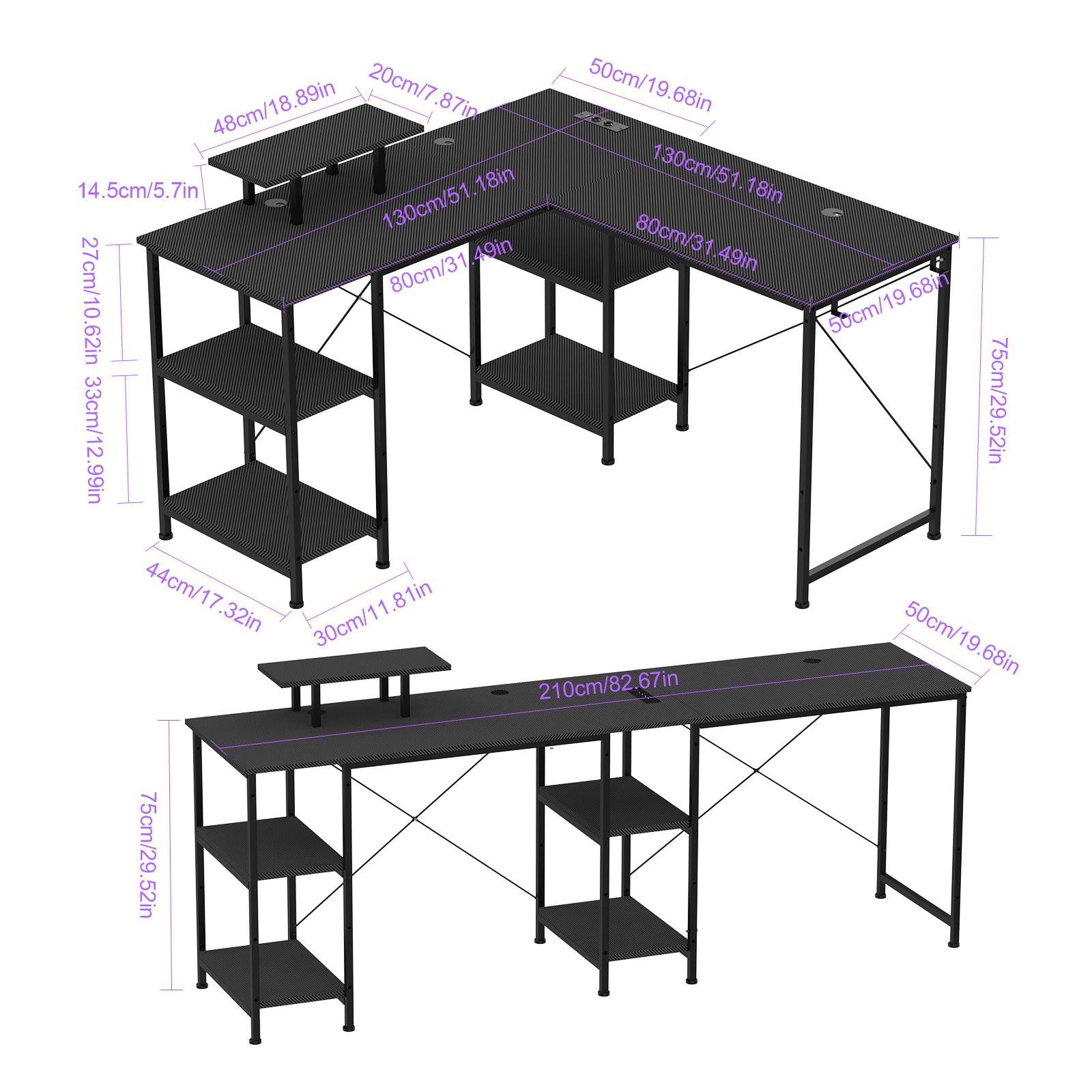 JEOBEST Computertisch L-förmiger Schreibtisch mit Regalen Reversibel Eckschreibtisch 210CM, Gaming-Tisch mit 4 Ablagen, 3 Kabellöchern, Monitorständer
