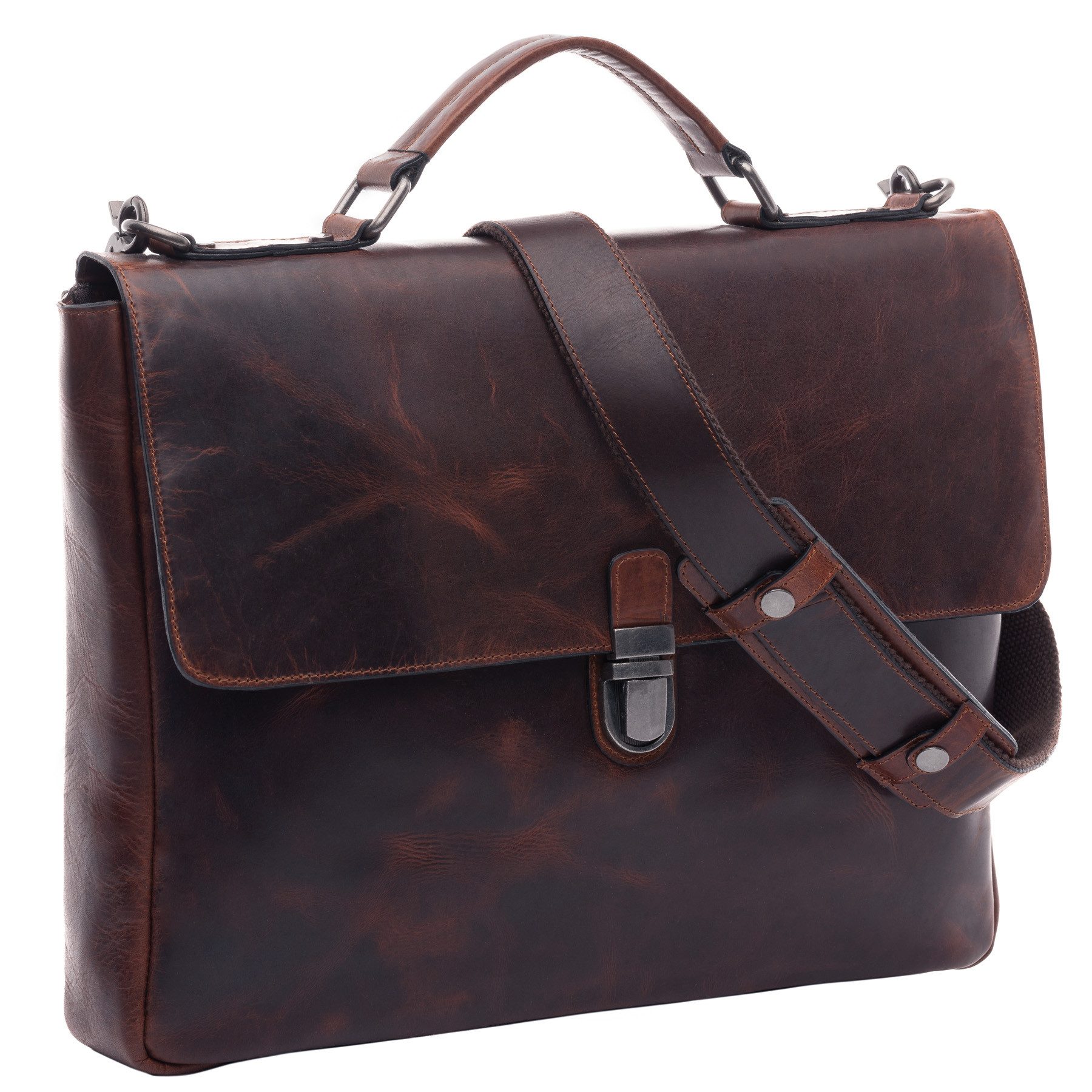 SID & VAIN Umhängetasche echt Leder groß 15 Zoll Laptop Fach dark-chestnut, Businesstasche 15 Zoll echt Leder Unisex, Aktentasche braun