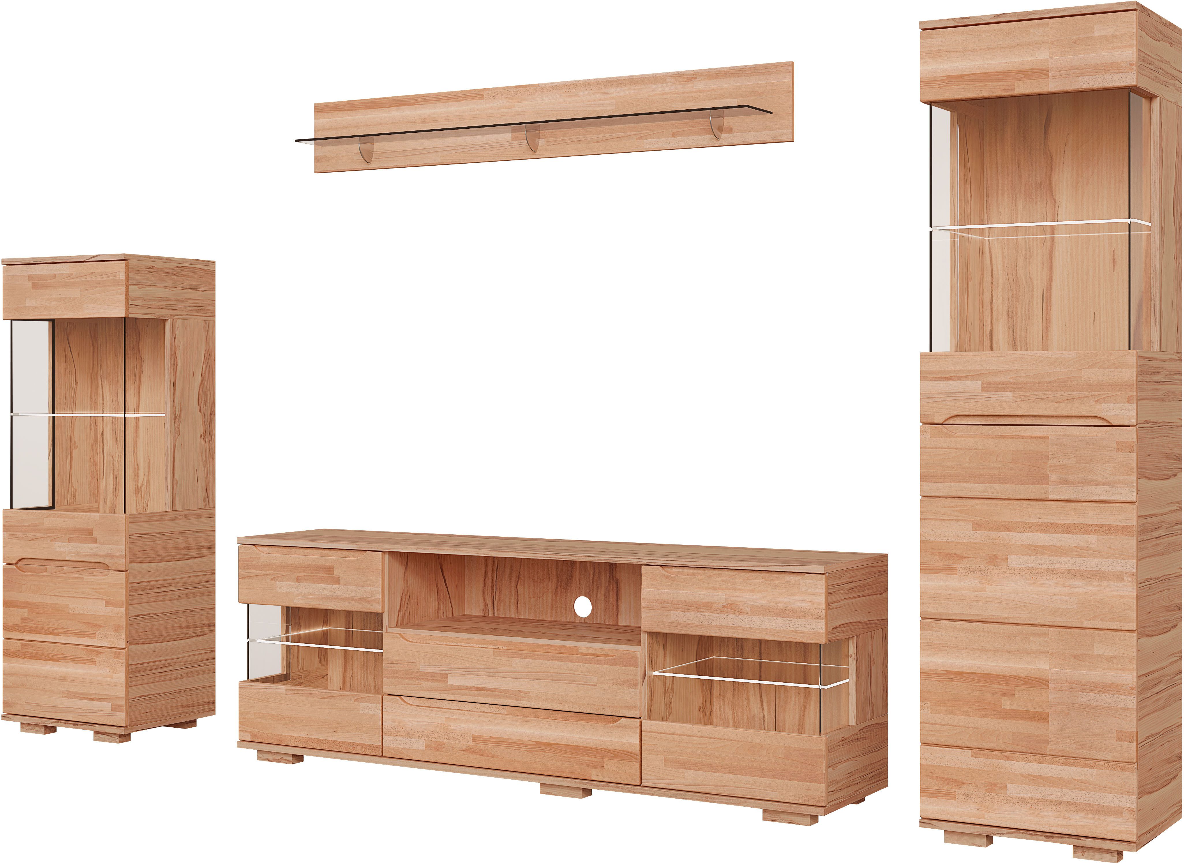 OTTO home Wohnwand VETRO: besteht aus 2 Vitrinen, 1 Lowboard & 1 Wandregal, Wohnzimmer., (4-St), Breite:280cm,Türen aus Massivholz mit Glaseinsätzen,Korpus aus Melamin
