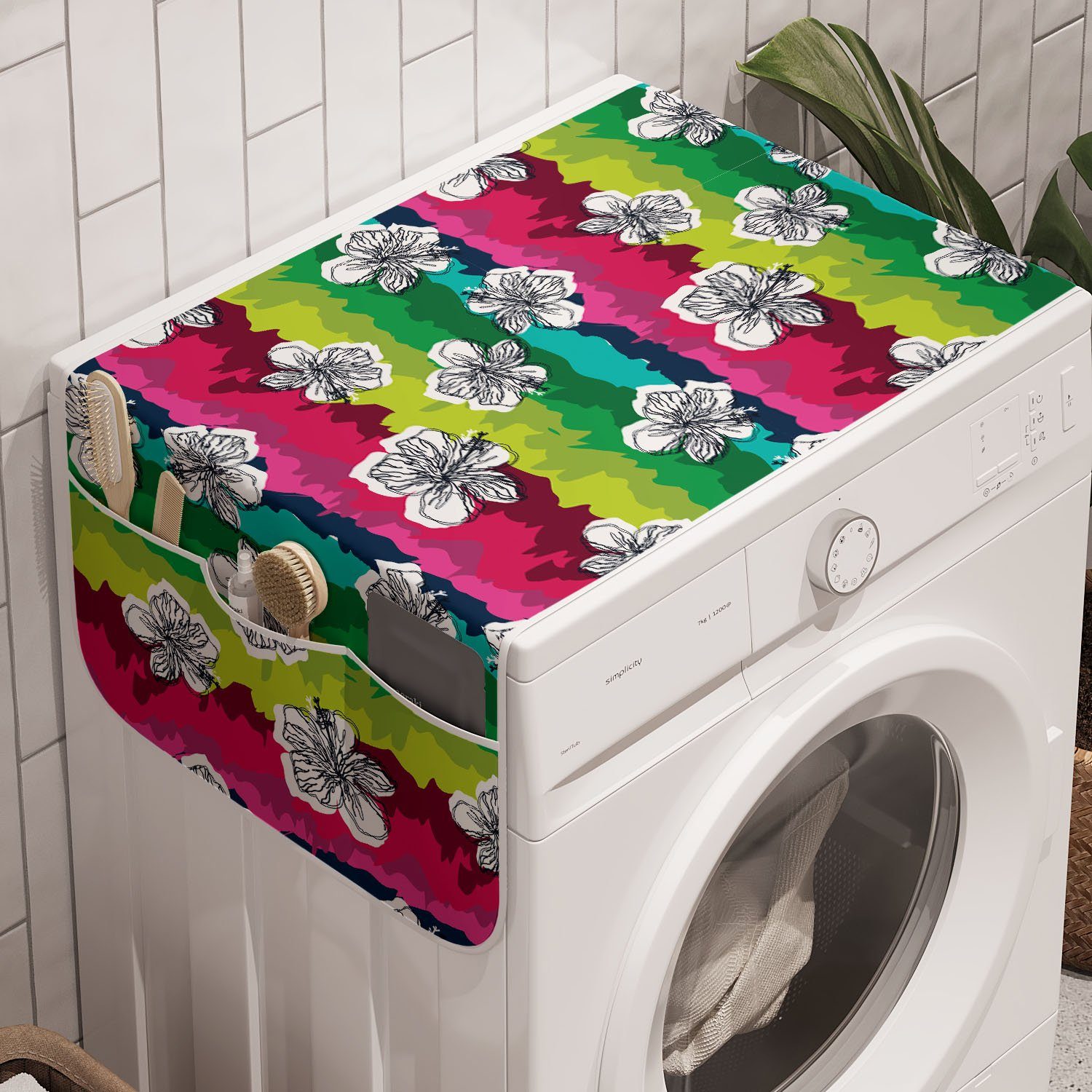Sommer auf für Trockner, Streifen und Waschmaschine Anti-Rutsch-Stoffabdeckung bunte Badorganizer Abakuhaus Hibiscus