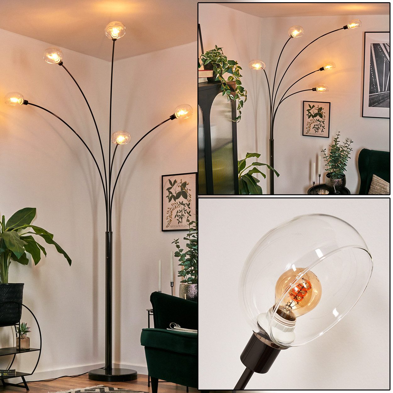 Stehlampe Stehlampe aus Metall in Schwarz/Chrom/Klar im Retro/Vintage-Design