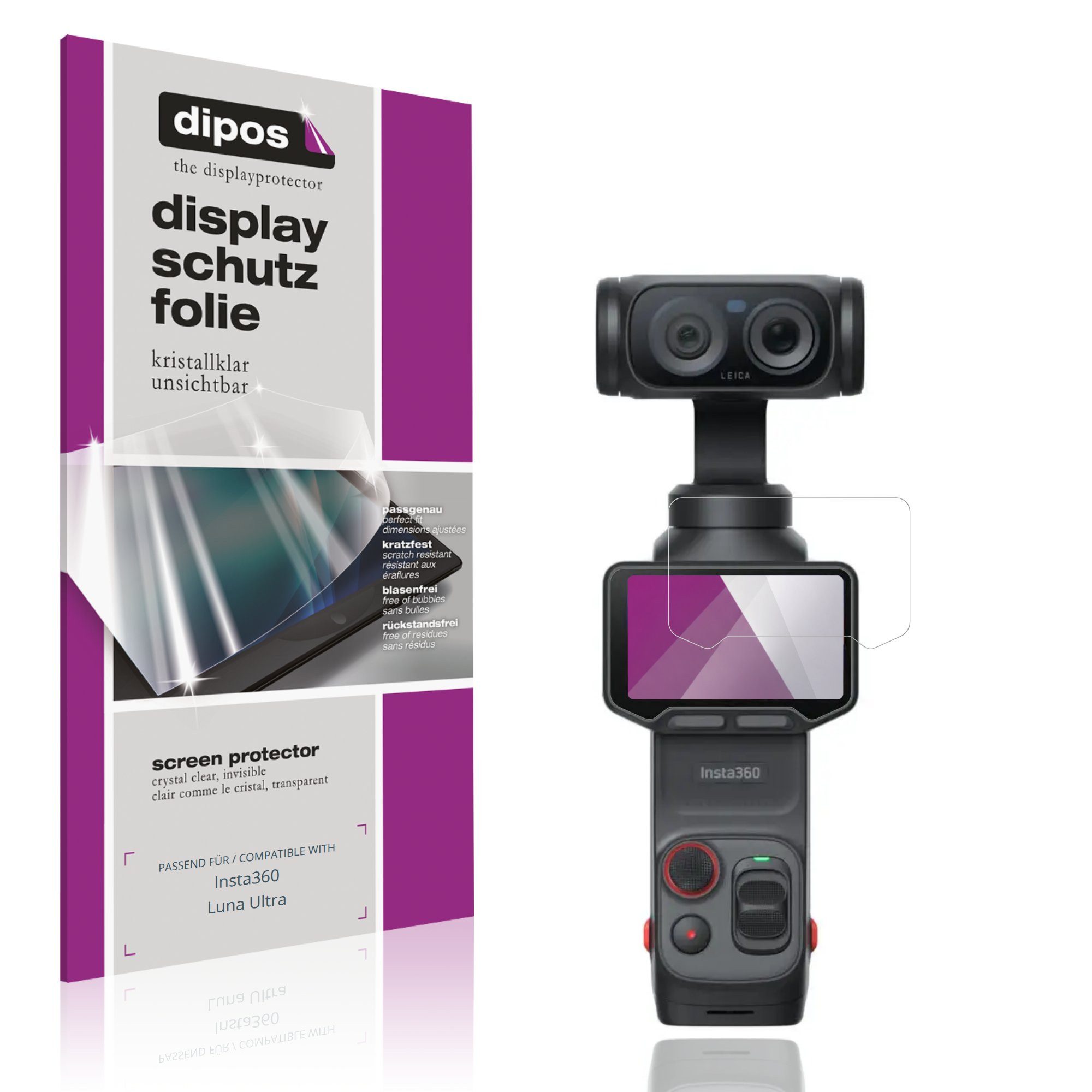 dipos Displayschutzfolie Schutzfolie für Insta360 Luna Ultra, 4 Stück, Displayschutz Schutz Folie Made in Germany