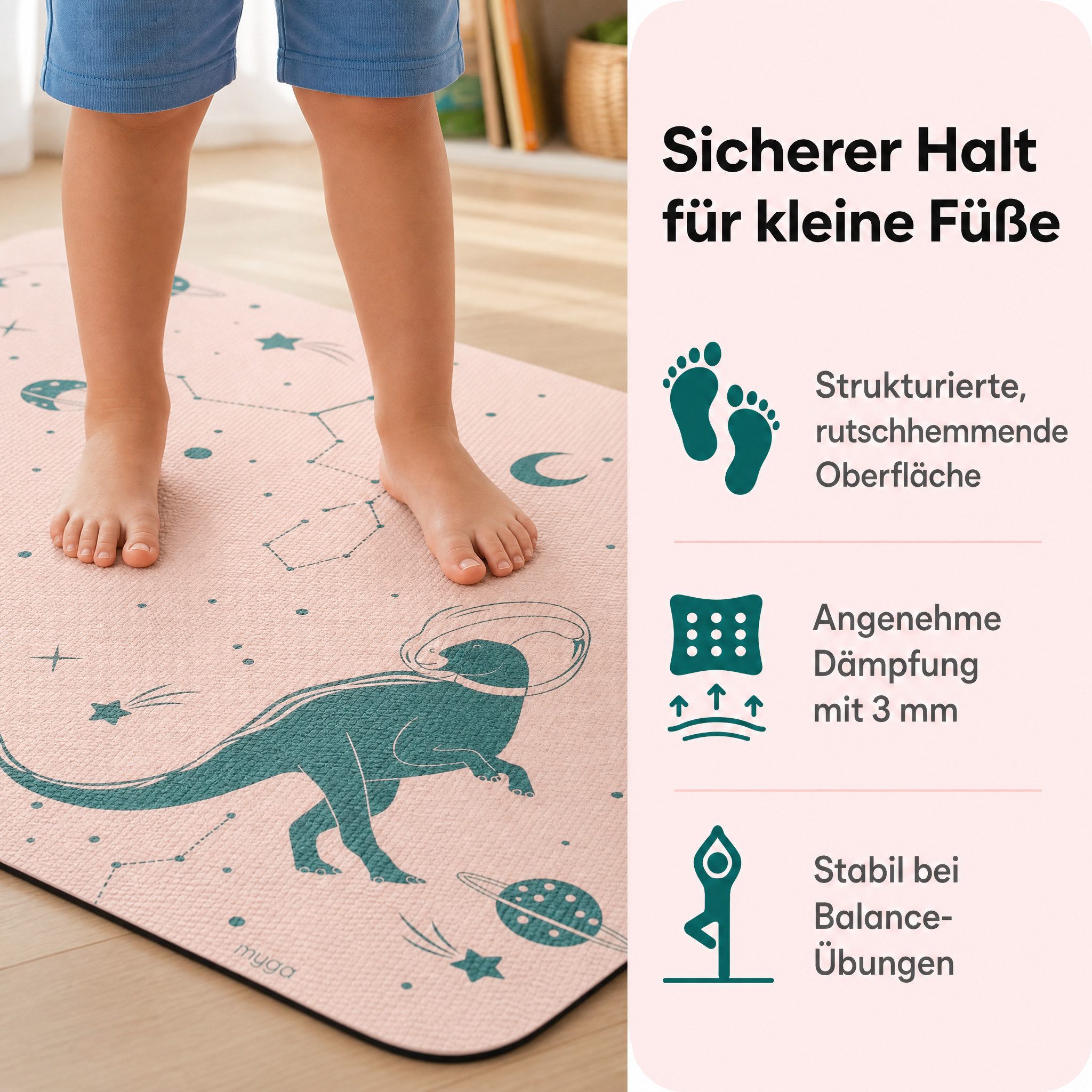 LK Trend & Style Yogamatte Kinder-Yogamatte (mit ansprechendem Dinosaurier- und Weltraummotiv., Gymnastik, Turnen, Pilates, Fitness), 3mm Stärke – Bild 5 von 5