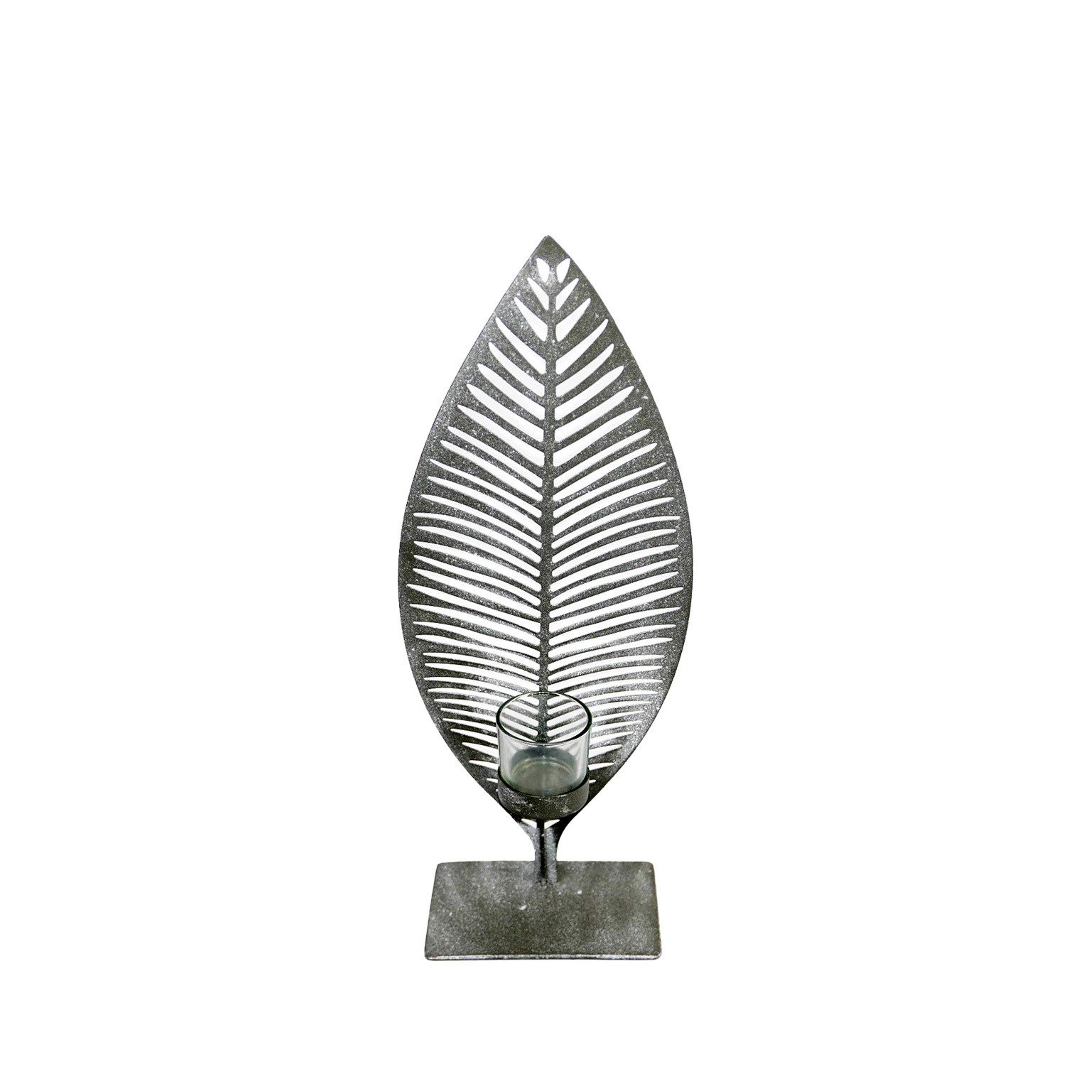 B&S Teelichthalter Teelichthalter Blatt Metall grau H 21.5 cm