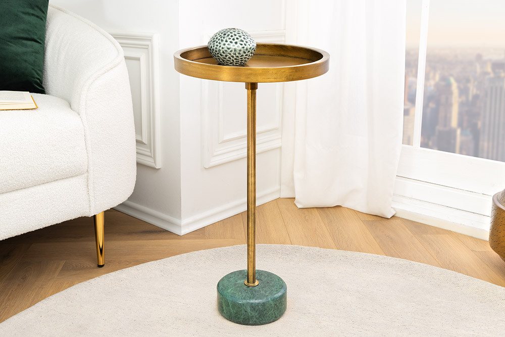 riess-ambiente Beistelltisch TRAYFUL 60cm messing antik / grün · Wohnzimmertisch mit Marmor-Fuß (Einzelartikel, 1-St), Schlafzimmer · Metall · rund · handmade · Nachttisch