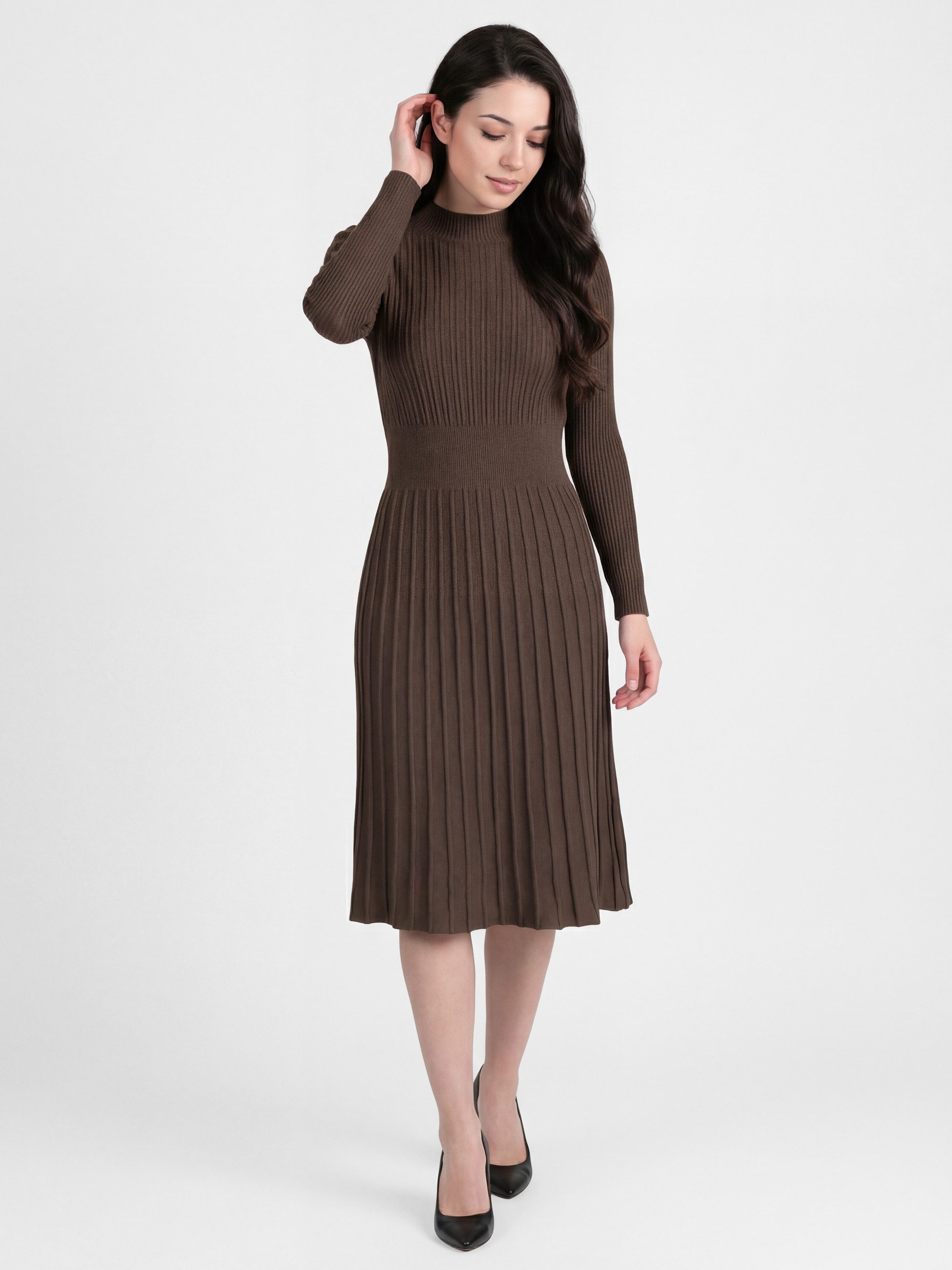 PEKIVESSA Strickkleid Midikleid tailliert weicher Strick mit ausgestelltem Rockteil