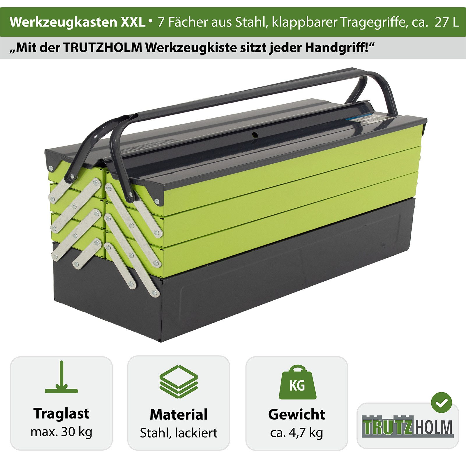 TRUTZHOLM Werkzeugkoffer Werkzeugkiste XXL 7 Fächer 53x20x27,5cm Stahl klappbarer Griff leer (einteilig)