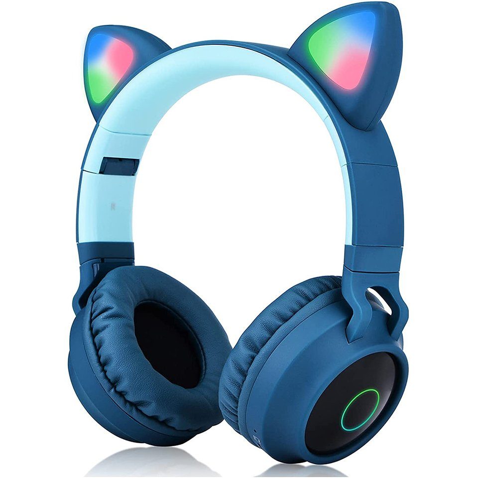 BEARSU Kinder Bluetooth Kopfhörer, Katzen Ohren Kopfhörer Over Ear mit LED  Over-Ear-Kopfhörer (SD-Kartenslot, FM-Radio, Faltbar, Kabellose und  Kabel,für Handy/Tablet)