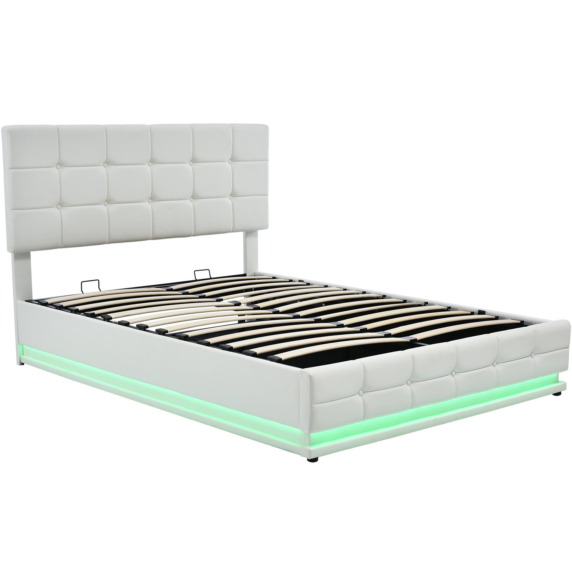 Lattenrost, Kunstleder Funktionsbett mit Bezug, Doppelbett cm Polsterbett Stauraumbett, Bettkasten inkl. 140x200 LED-Beleuchtung, Merax Hydraulisch mit